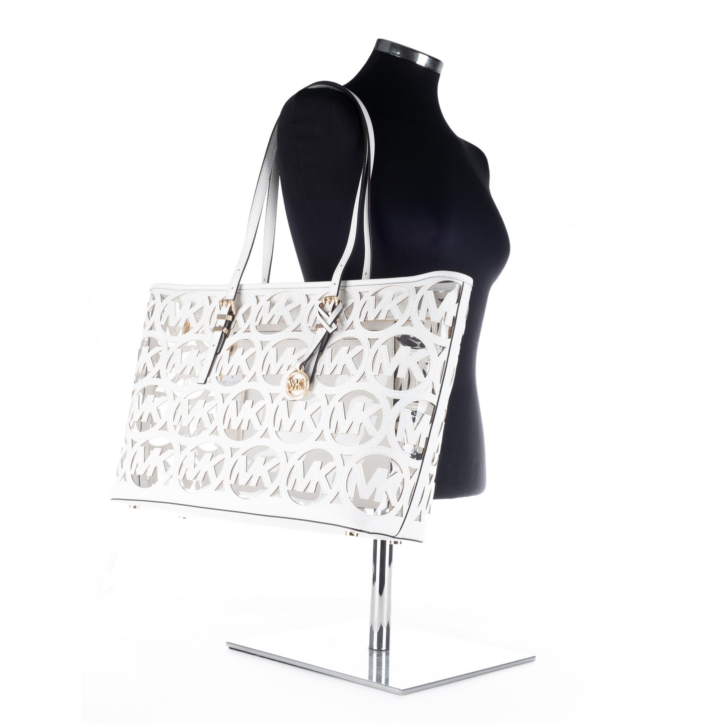 Bolsa Tote Michael Kors Branca com Padrão MK Recortado e Detalhes Dourados