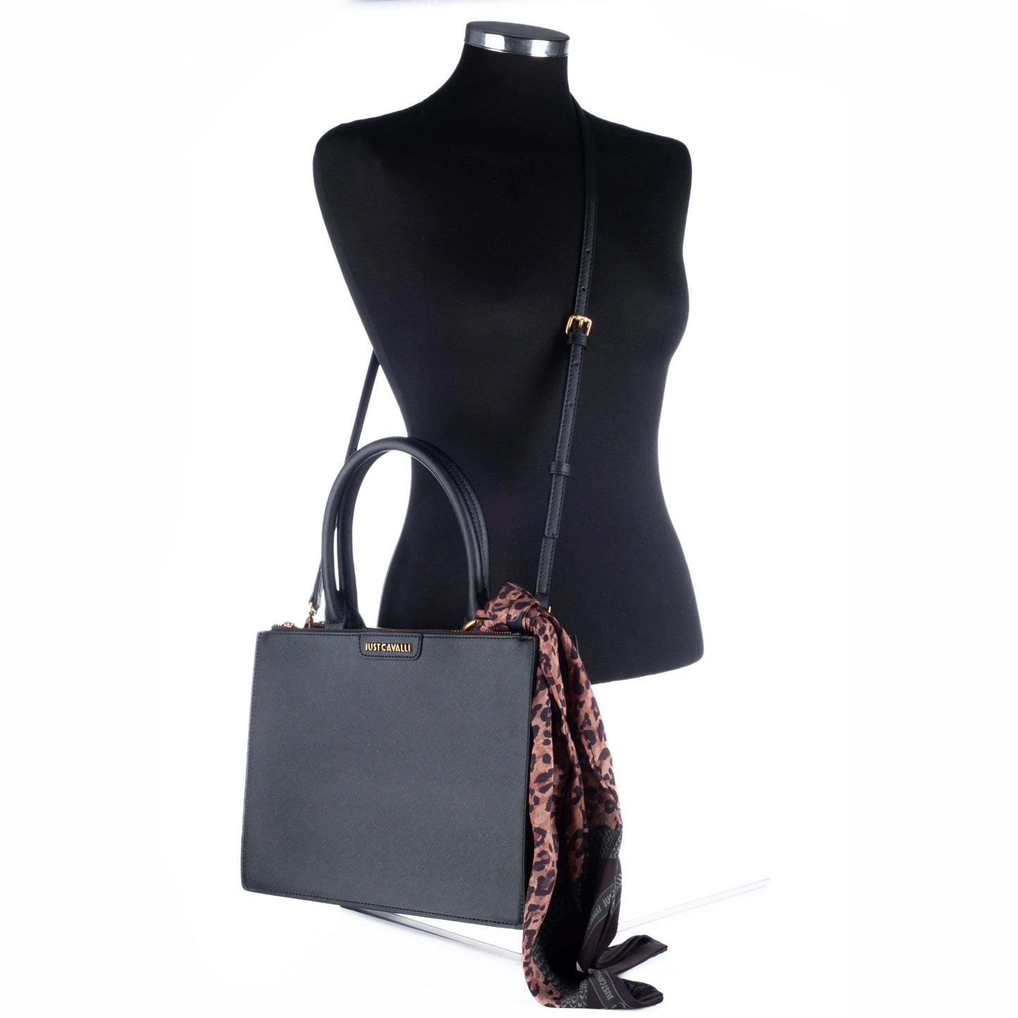 Bolsa de Ombro Just Cavalli Preta com Textura Animal e Lenço Animal Print