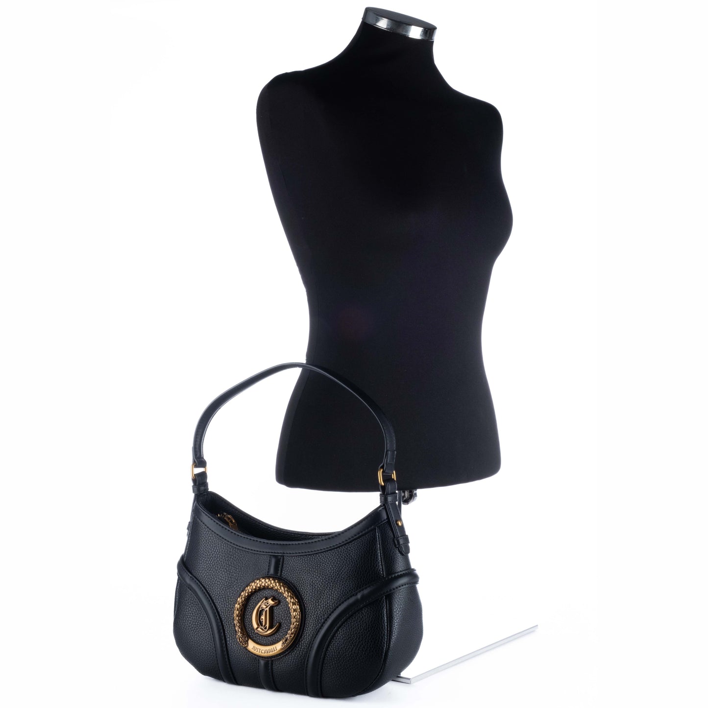 Bolsa de Ombro Just Cavalli Preta Meia-Lua com Fecho Circular Dourado