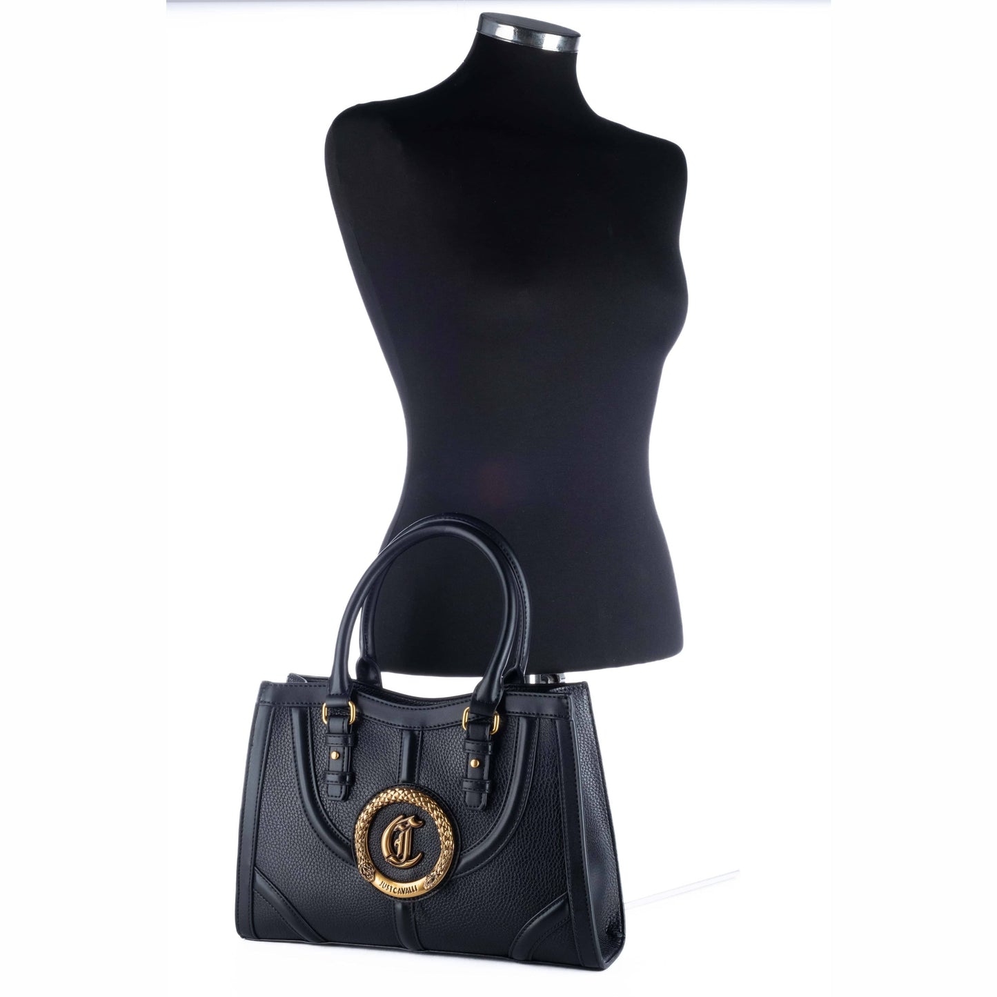Bolsa de Ombro Just Cavalli Preta com Fecho Circular Dourado e Alças Estruturadas