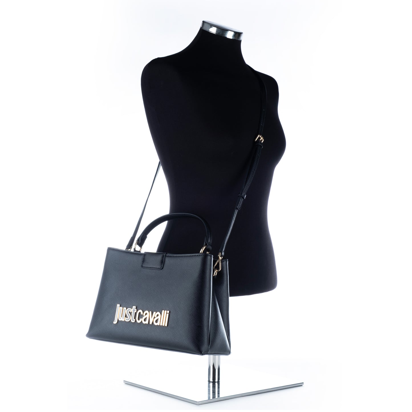 Bolsa Satchel Just Cavalli Preta com Detalhes Elegantes