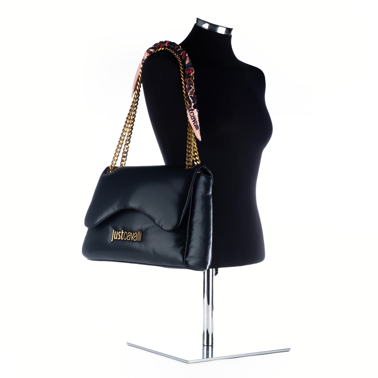 Bolsa de ombro Clutch Just Cavalli Preta com Detalhes em Metal Dourado