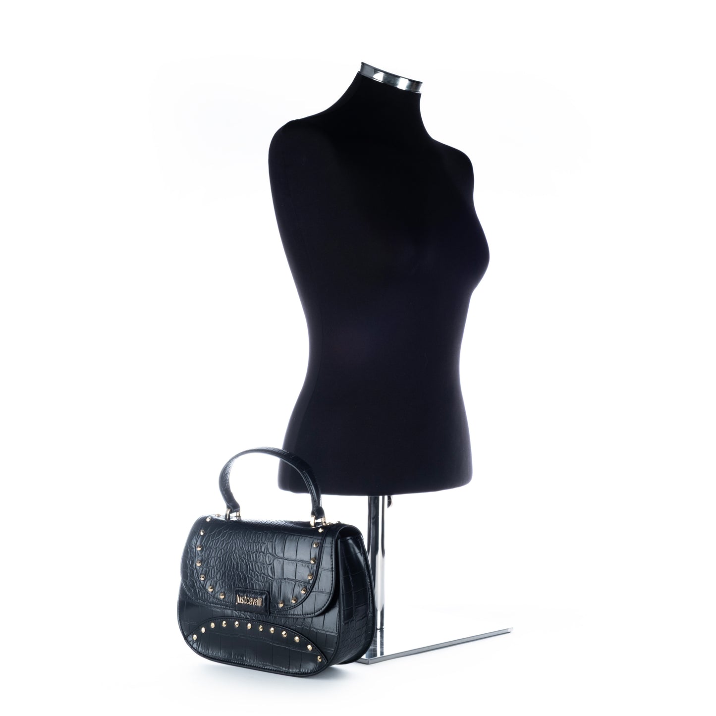 Bolsa Satchel Just Cavalli Preta com Textura Crocodilo e Detalhes Metálicos