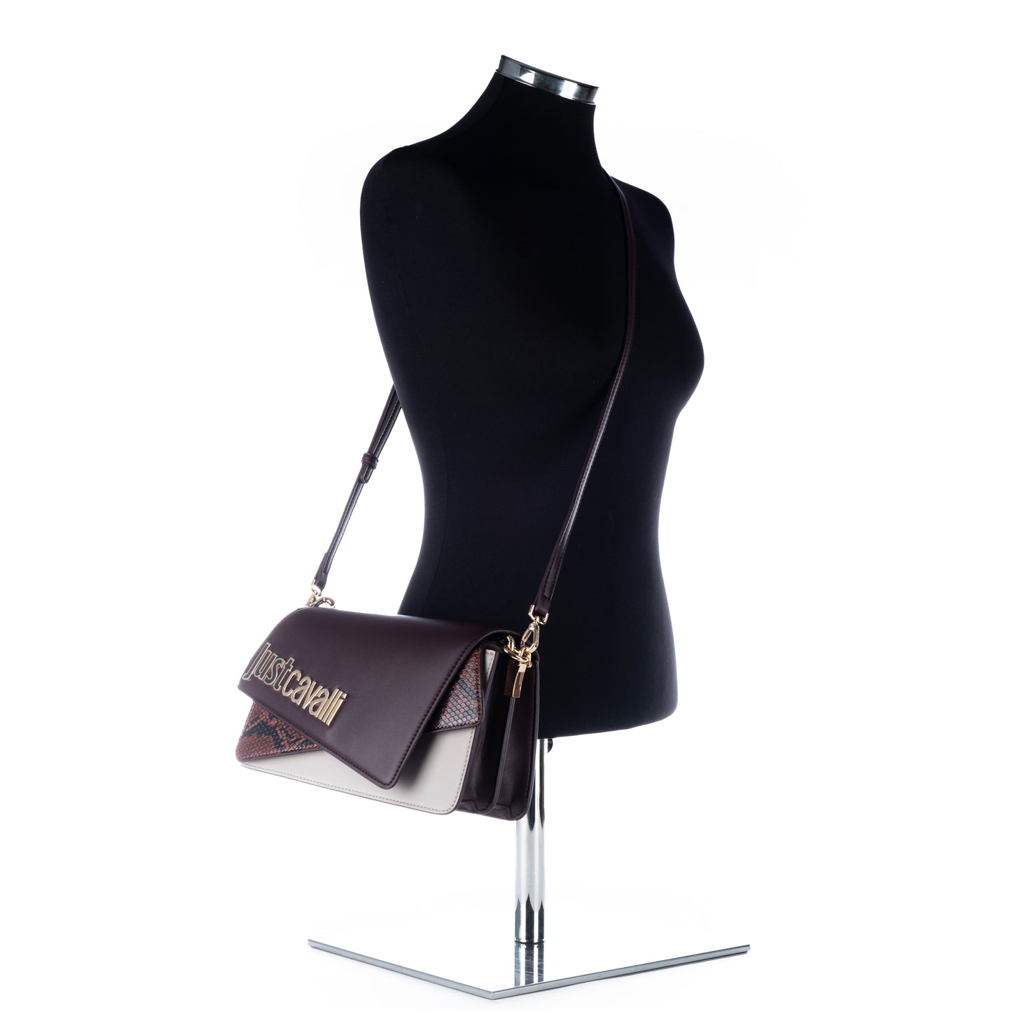 Bolsa de Ombro Just Cavalli Bordô/Bege com Corrente Dourada