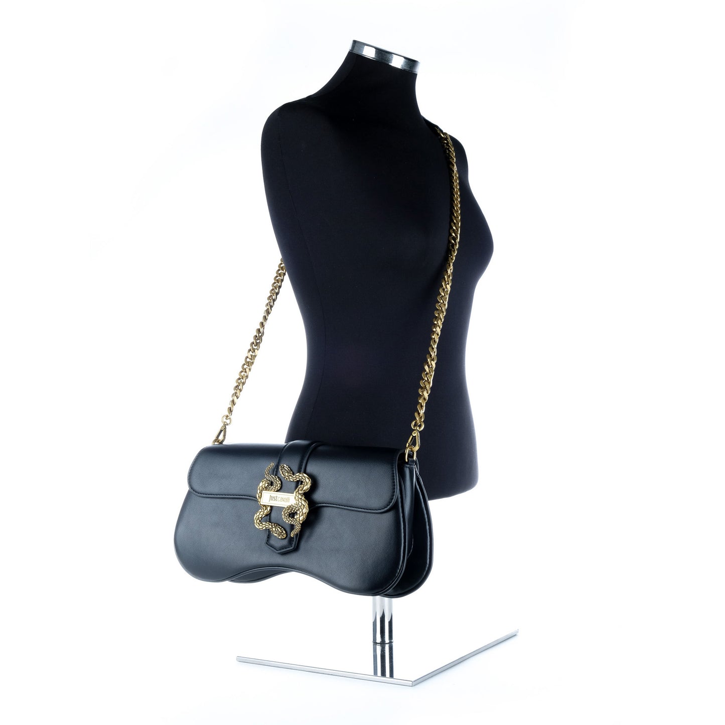 Bolsa de Ombro Just Cavalli Azul Escuro com Fecho Dourado Serpente