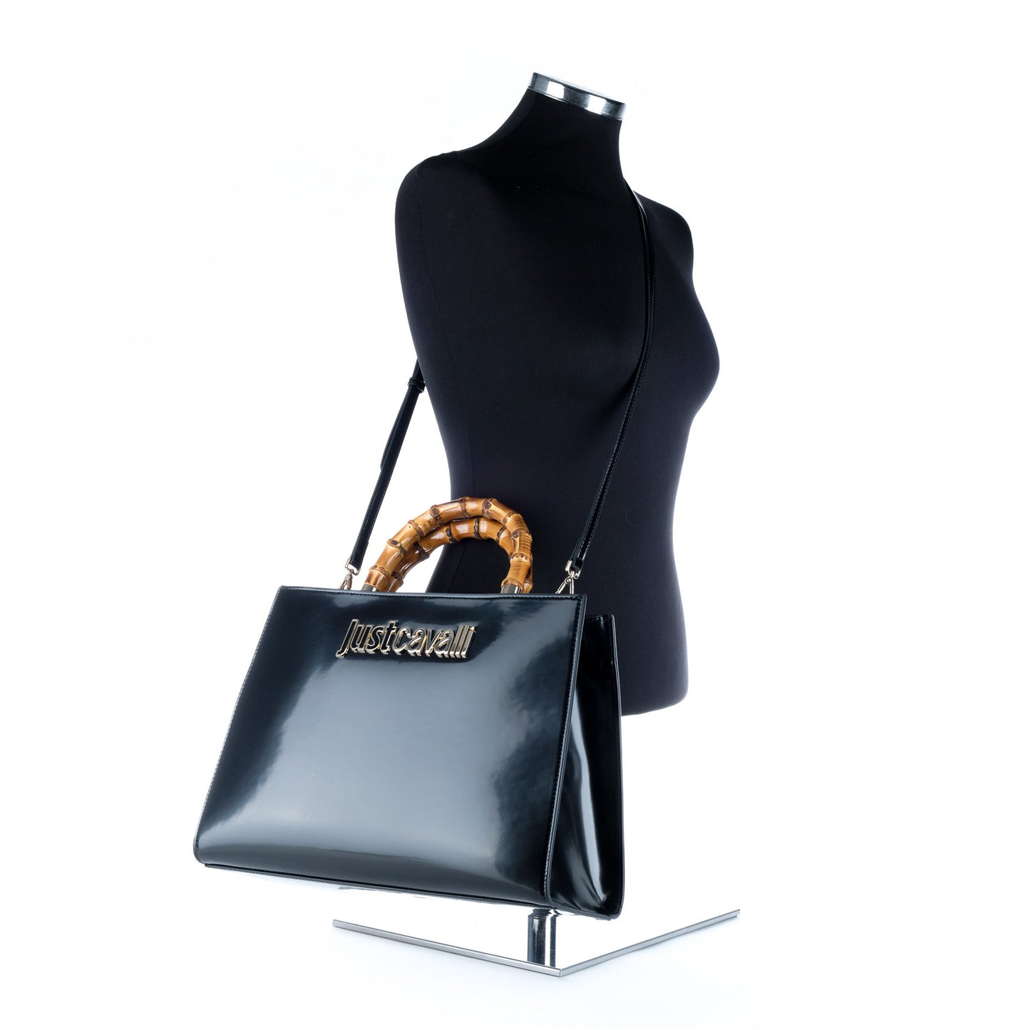 Bolsa Tote Just Cavalli Azul Escuro com Pegas Efeito Bambu e Logótipo Metálico