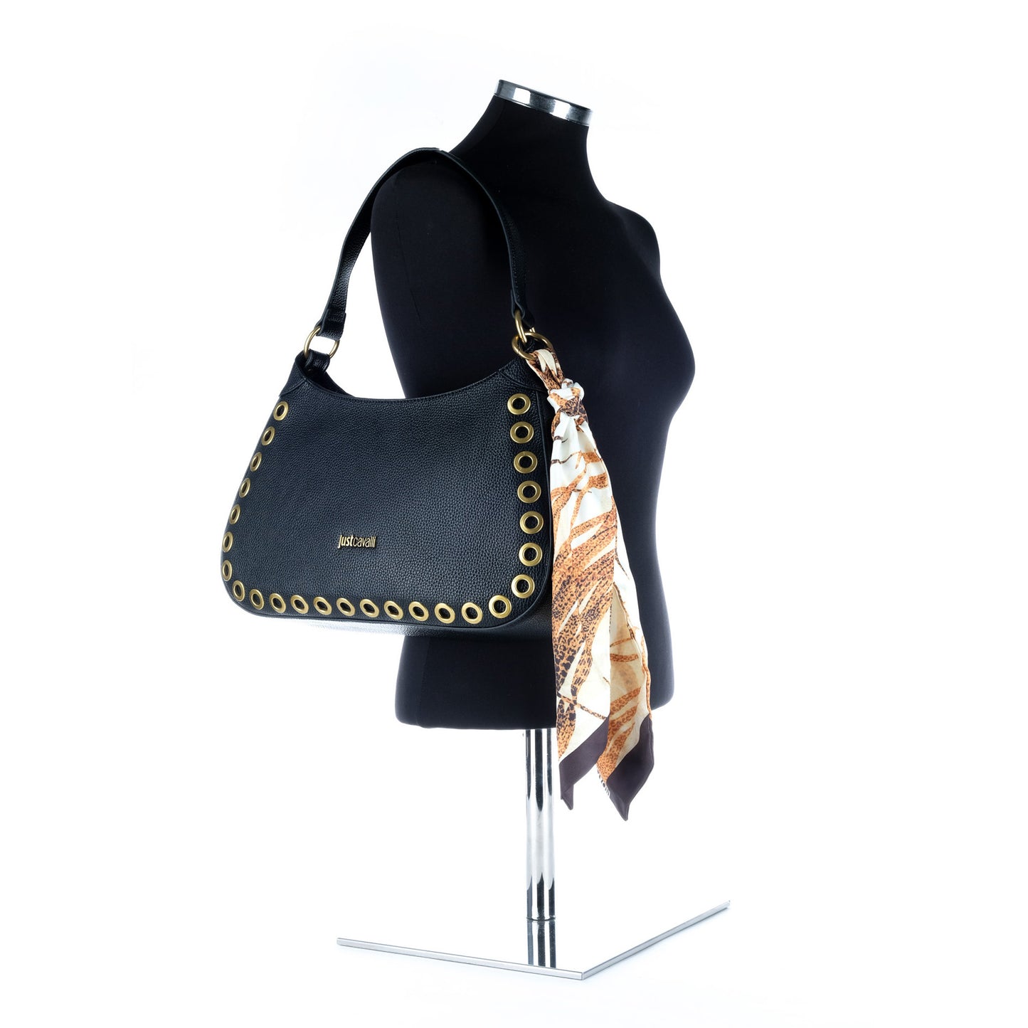 Bolsa de Ombro Just Cavalli Preta com Ilhós Dourados e Lenço Decorativo