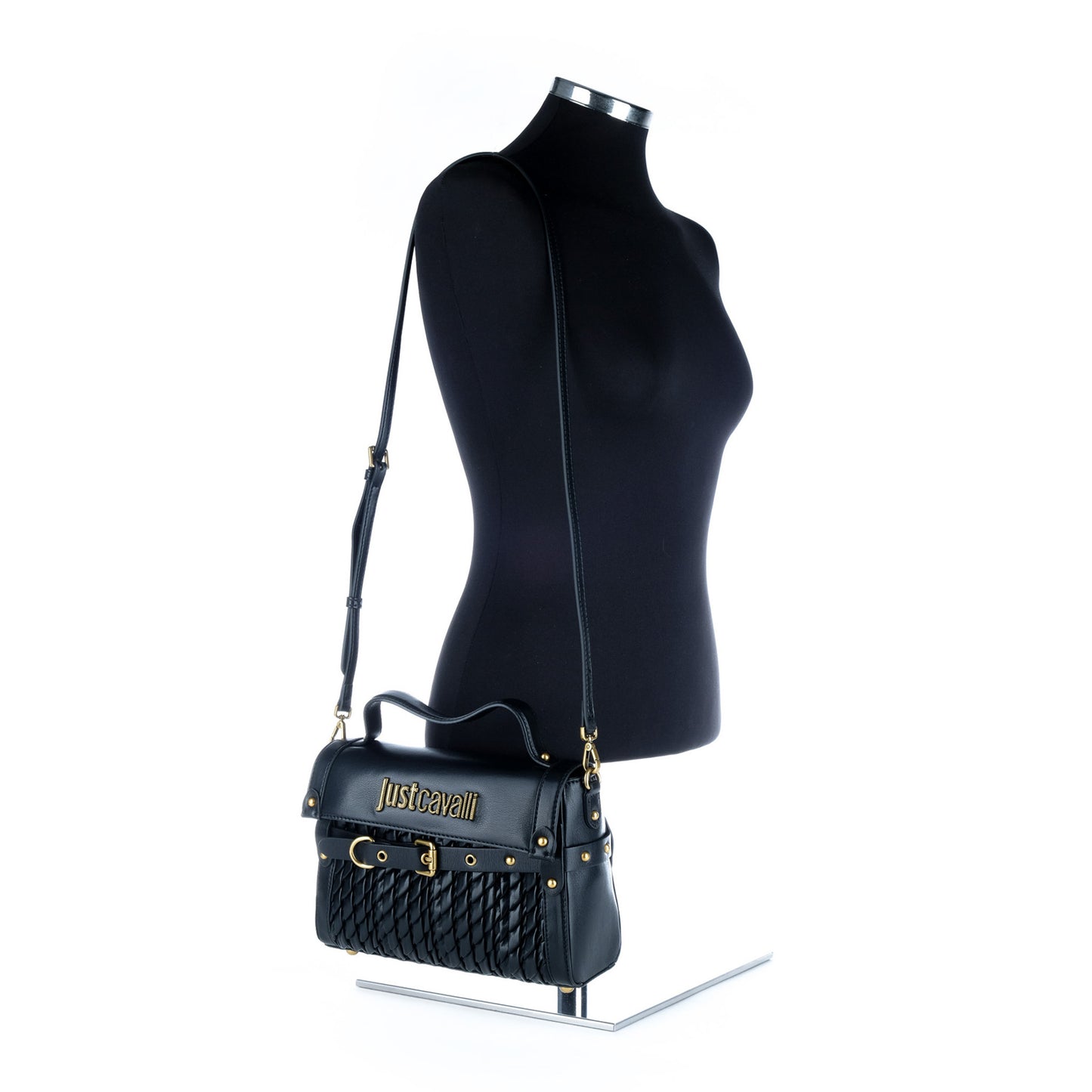 Bolsa Satchel Just Cavalli Preta Entrançada com Detalhes Dourados