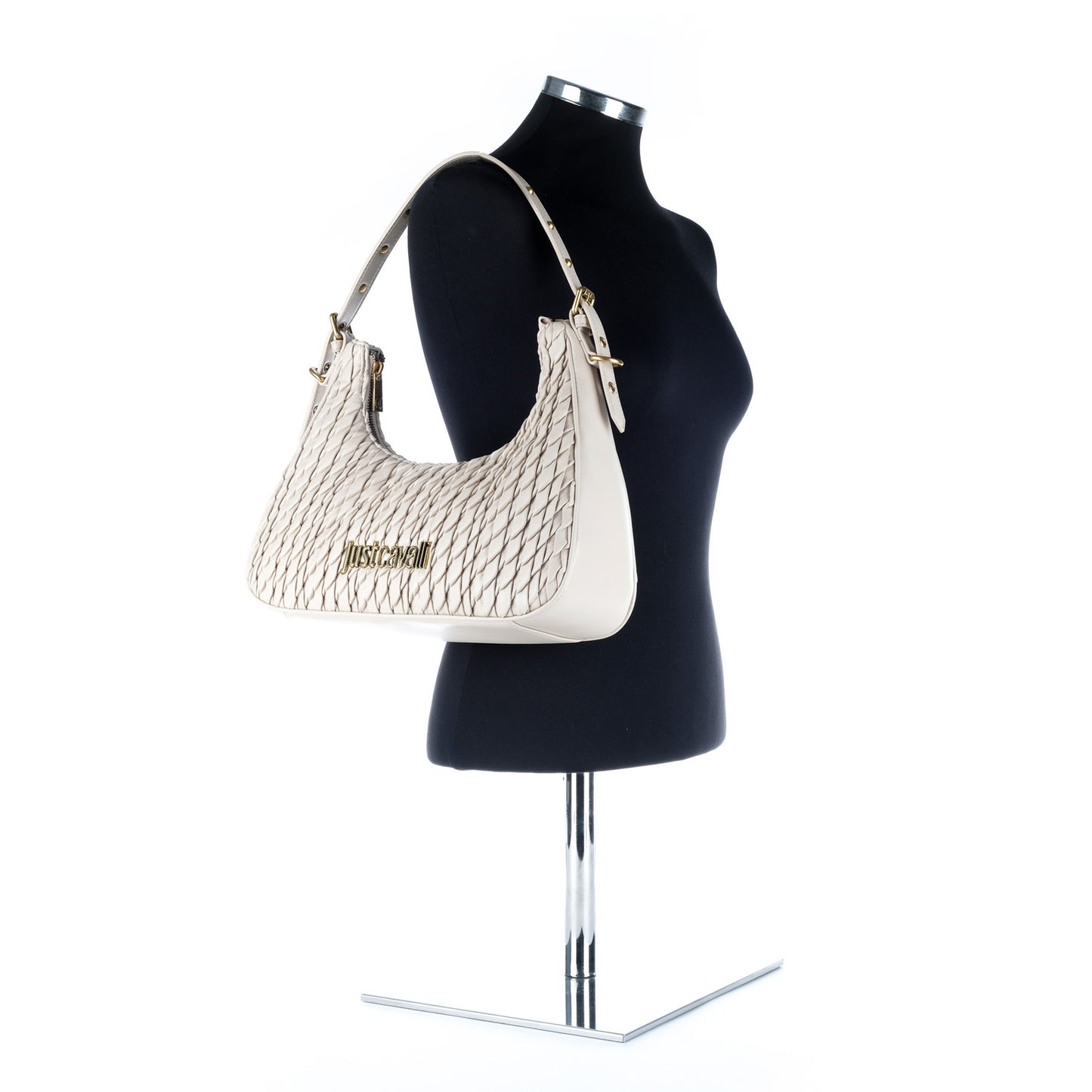 Bolsa de Ombro Just Cavalli Branca com Padrão e Logótipo Dourado