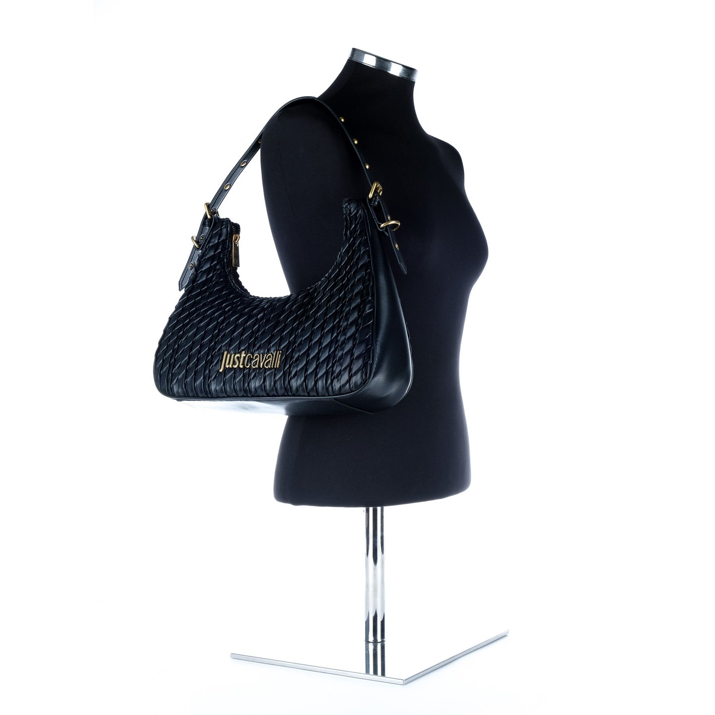 Bolsa de Ombro Just Cavalli Preta Entrançada com Logótipo Dourado