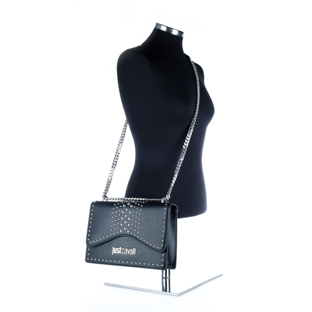 Bolsa Tiracolo Just Cavalli Preta com Tachas e Corrente Prateada