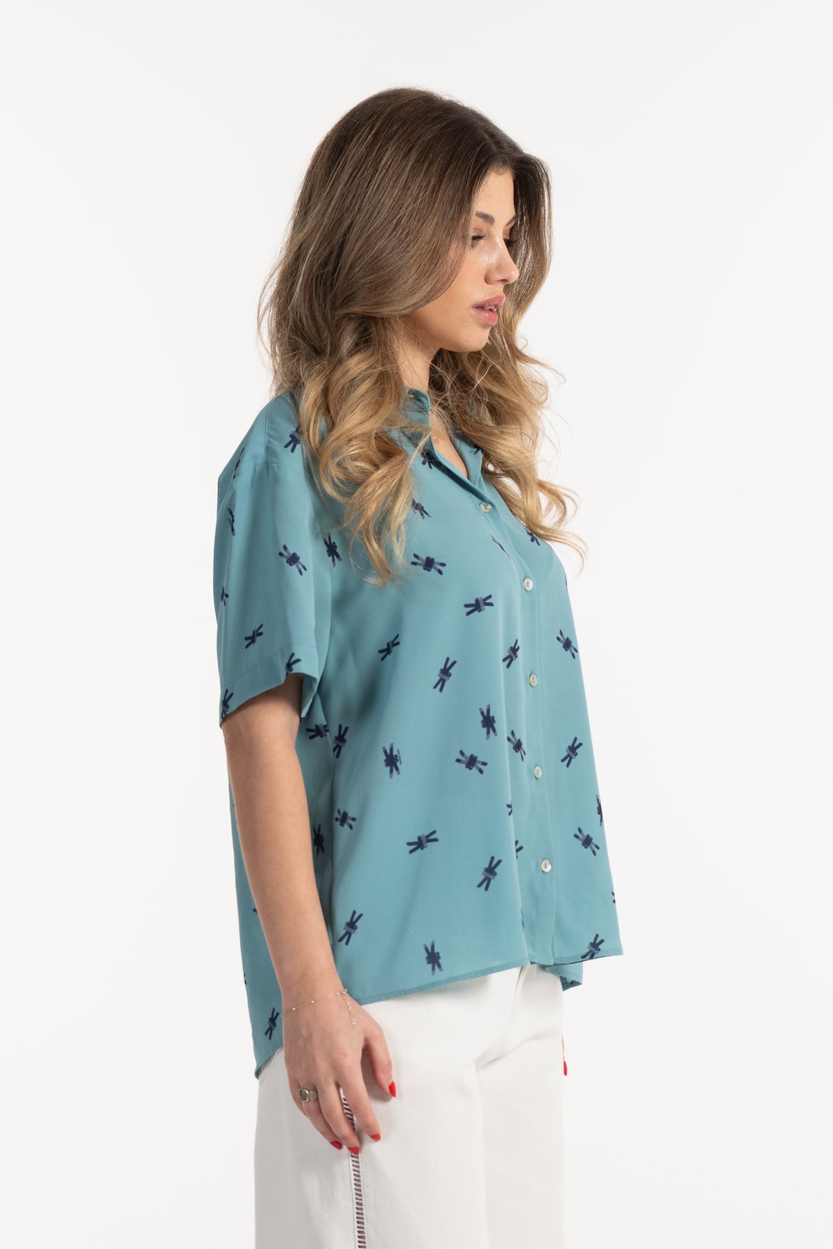 Blusa Mulher ANA SOUSA Azul-Petróleo Estampada com Botões e Manga Curta