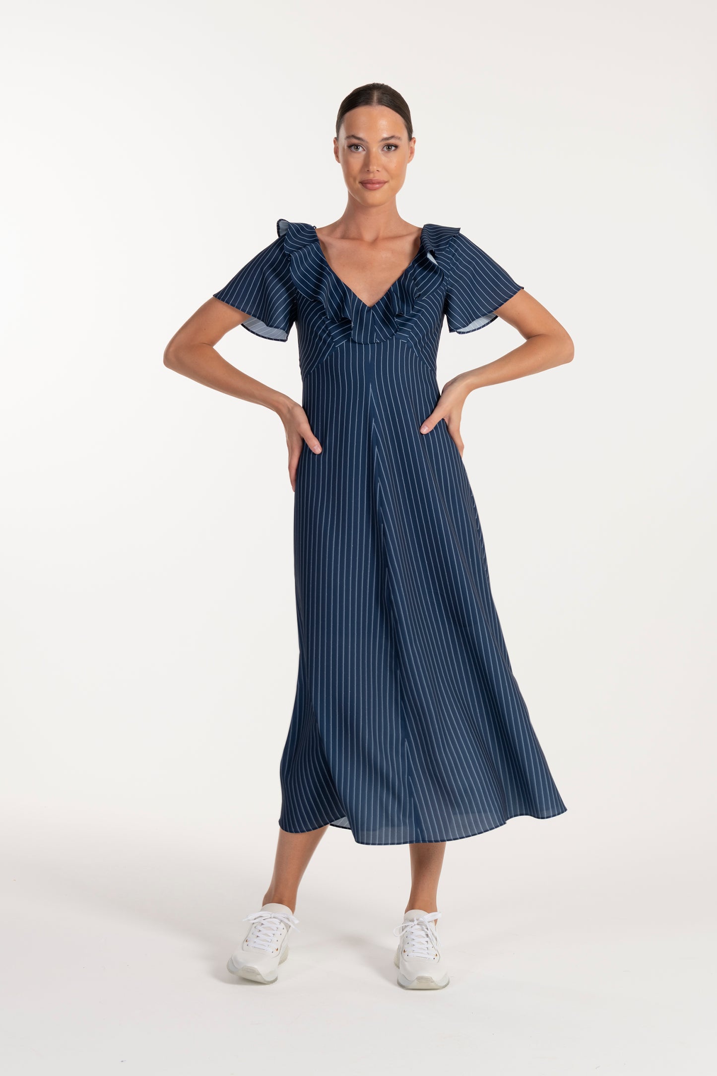 Vestido Azul de Mulher ANA SOUSA com Decote em V e Mangas Curvas