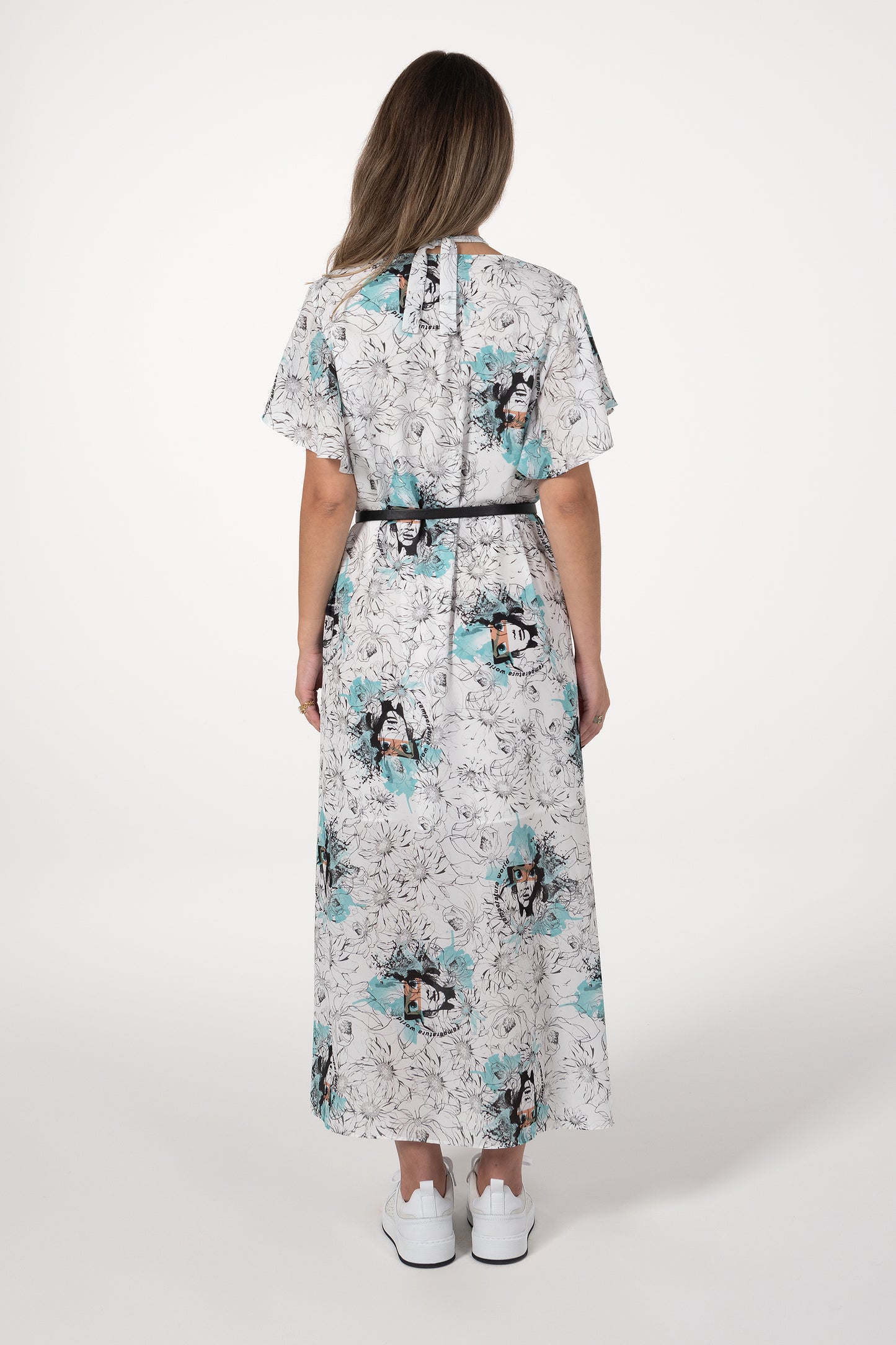 Vestido Mulher ANA SOUSA Branco Comprido Estampado com Cinto e Mangas Fluidas