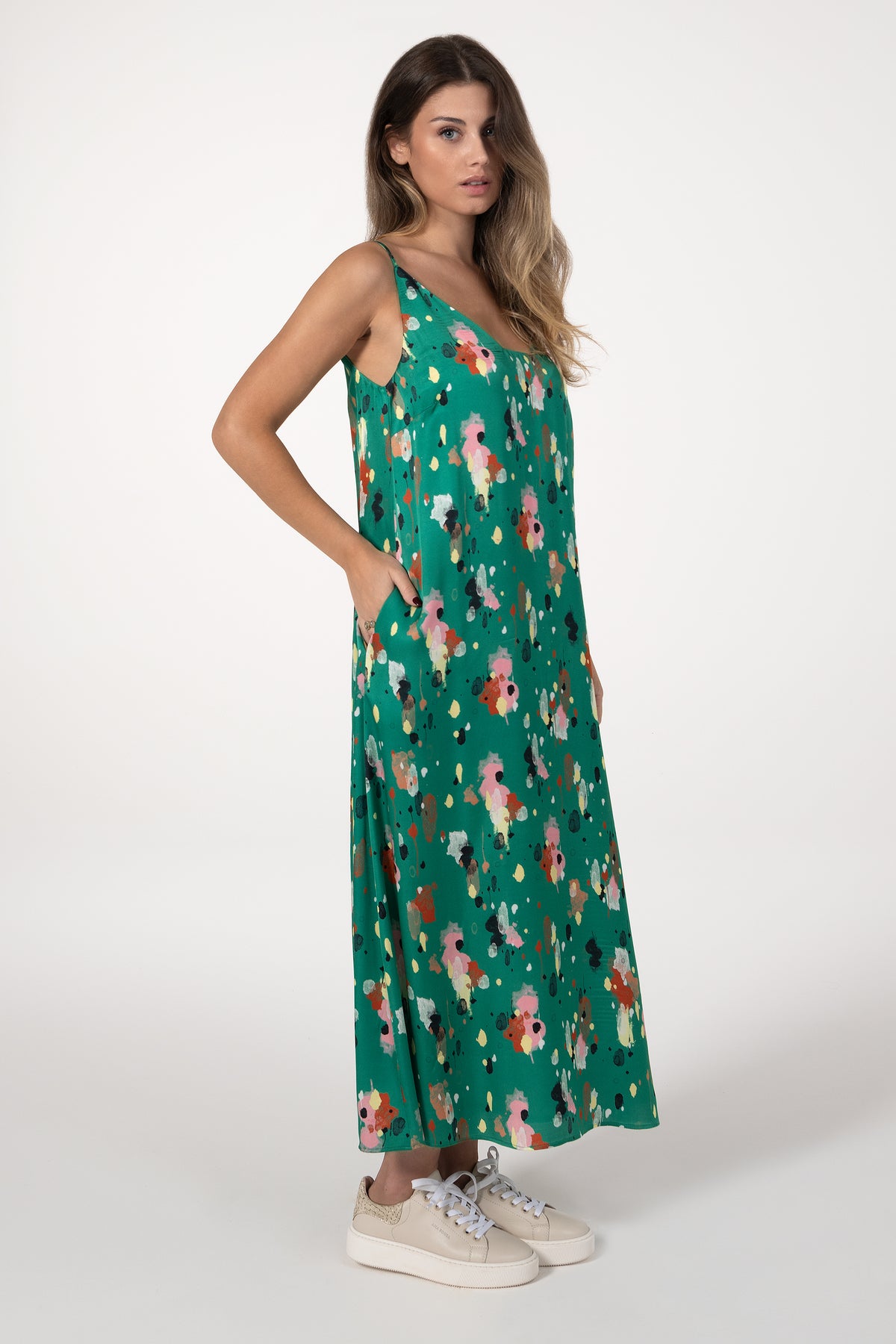 Vestido Mulher ANA SOUSA Verde Comprido Floral com Alças e Cinto