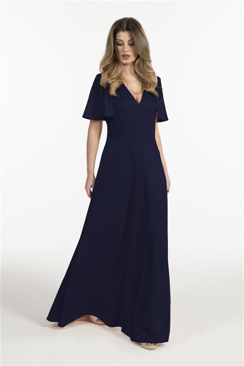 Vestido Mulher ANA SOUSA Azul-Marinho Comprido com Decote em V e Mangas Capa