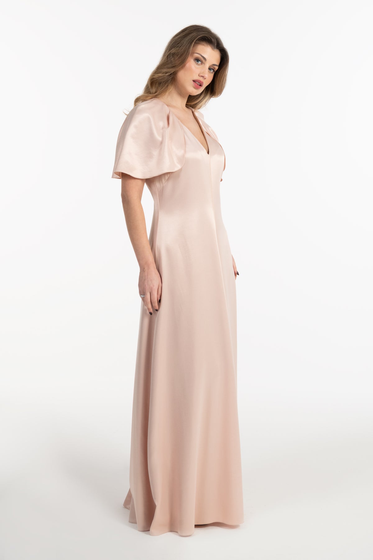 Vestido Mulher ANA SOUSA Bege Comprido com Decote em V e Mangas Capa