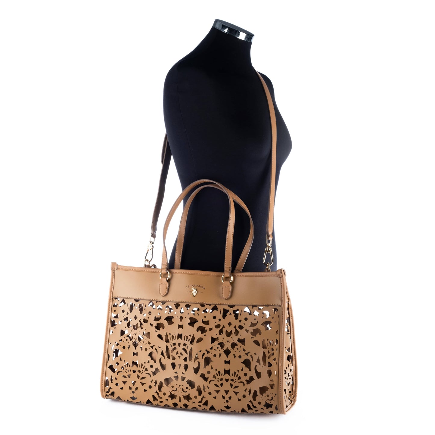 Bolsa Tote Feminina US Polo Marrom com Detalhes Vazados