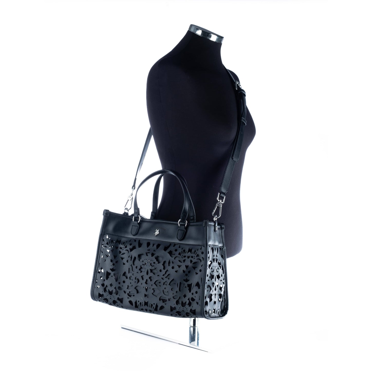 Bolsa Tote Feminina US Polo Preta com Detalhes Vazados