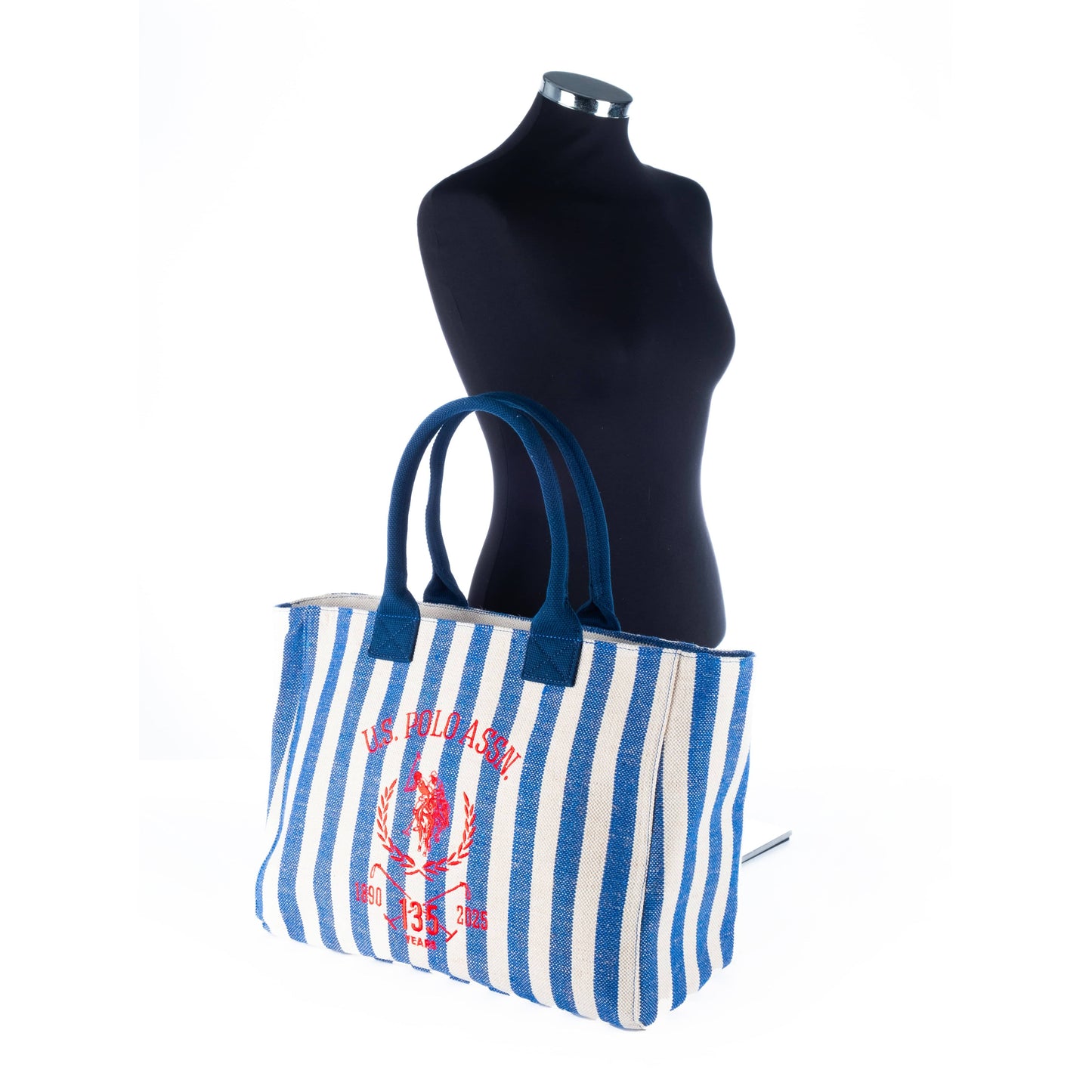 Bolsa Tote Feminina US Polo Listrada Azul e Bege com Logo