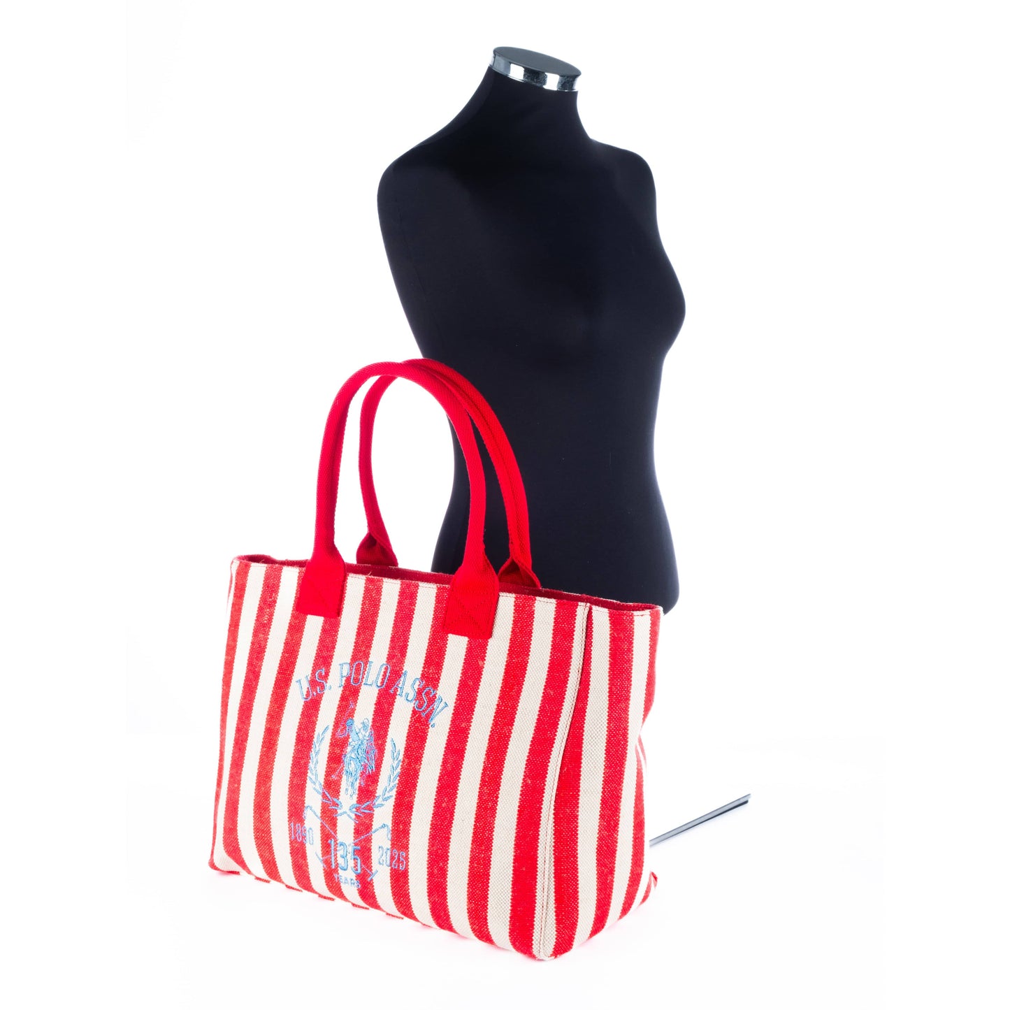 Bolsa Tote Feminina US Polo Listrada Vermelha e Branca