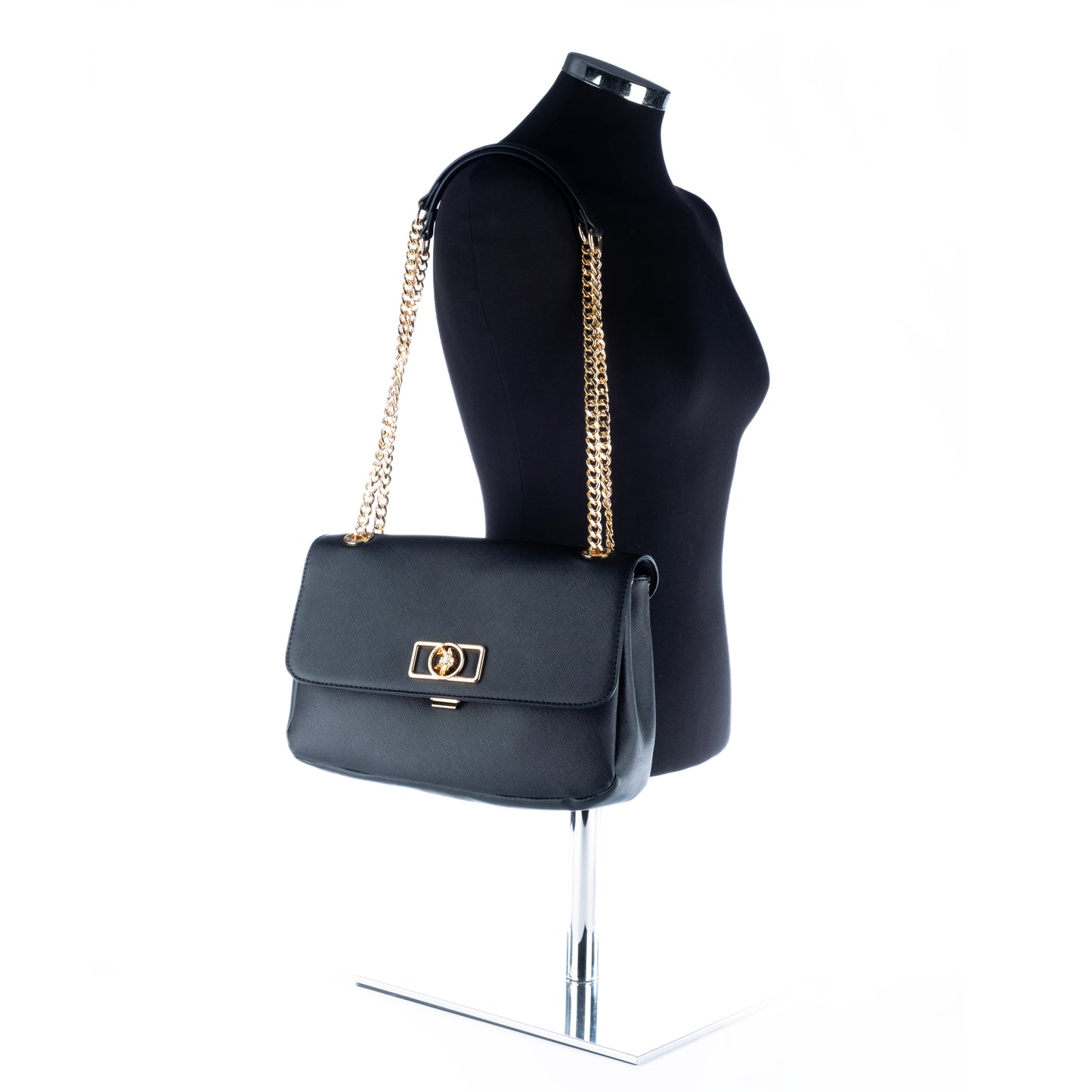Bolsa de ombro Us Polo Preta com Corrente Dourada