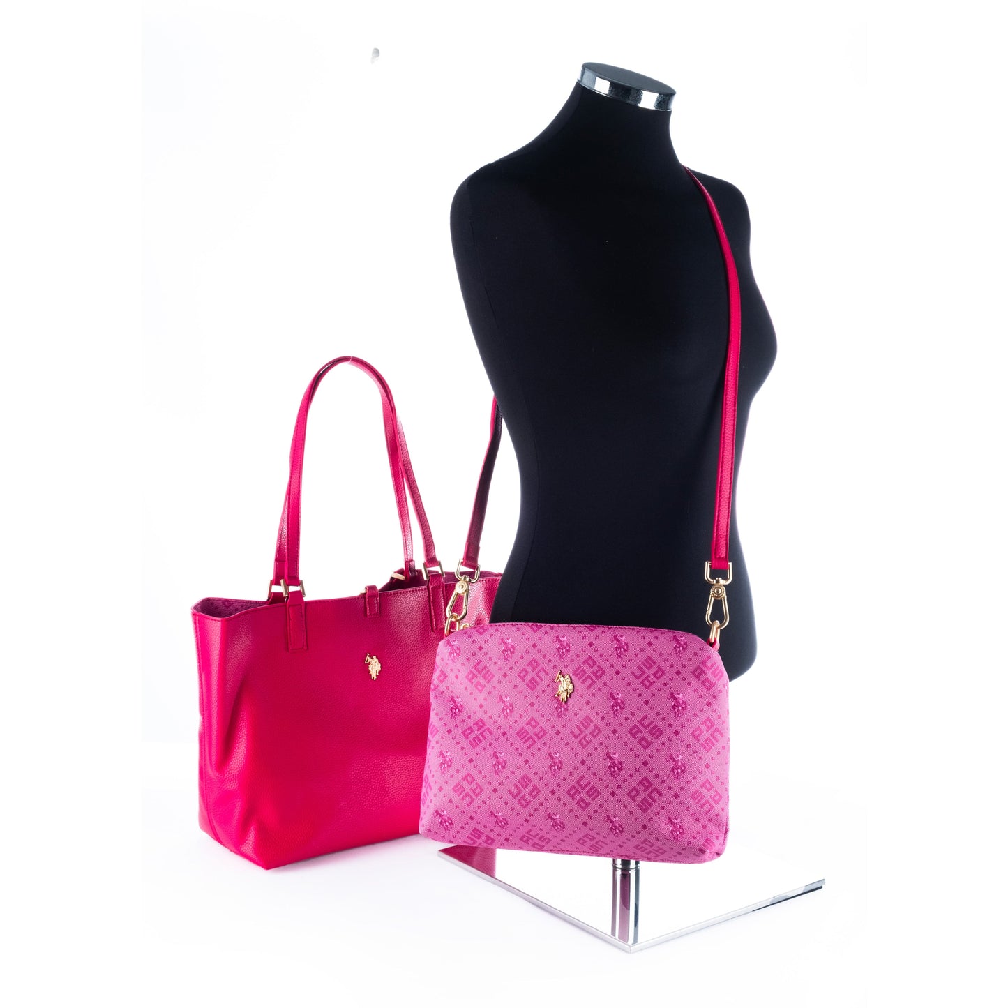 Bolsa Tote Feminina US Polo Rosa Vibrante Detalhes Dourados