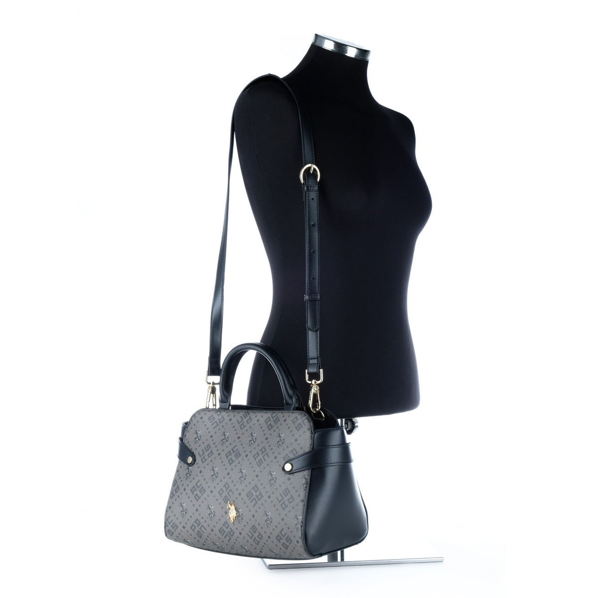 Bolsa Satchel U.S. Polo Assn. Cinzenta e Preta com Padrão Monograma