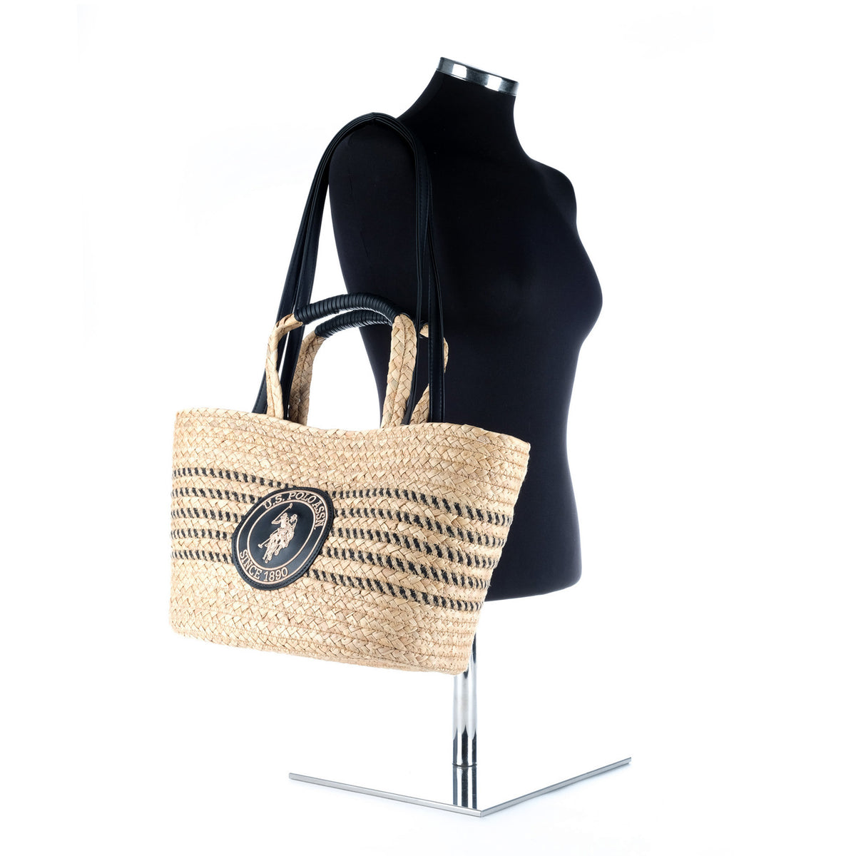 Bolsa Tote U.S. Polo Assn. Bege com Riscas Pretas e Logótipo