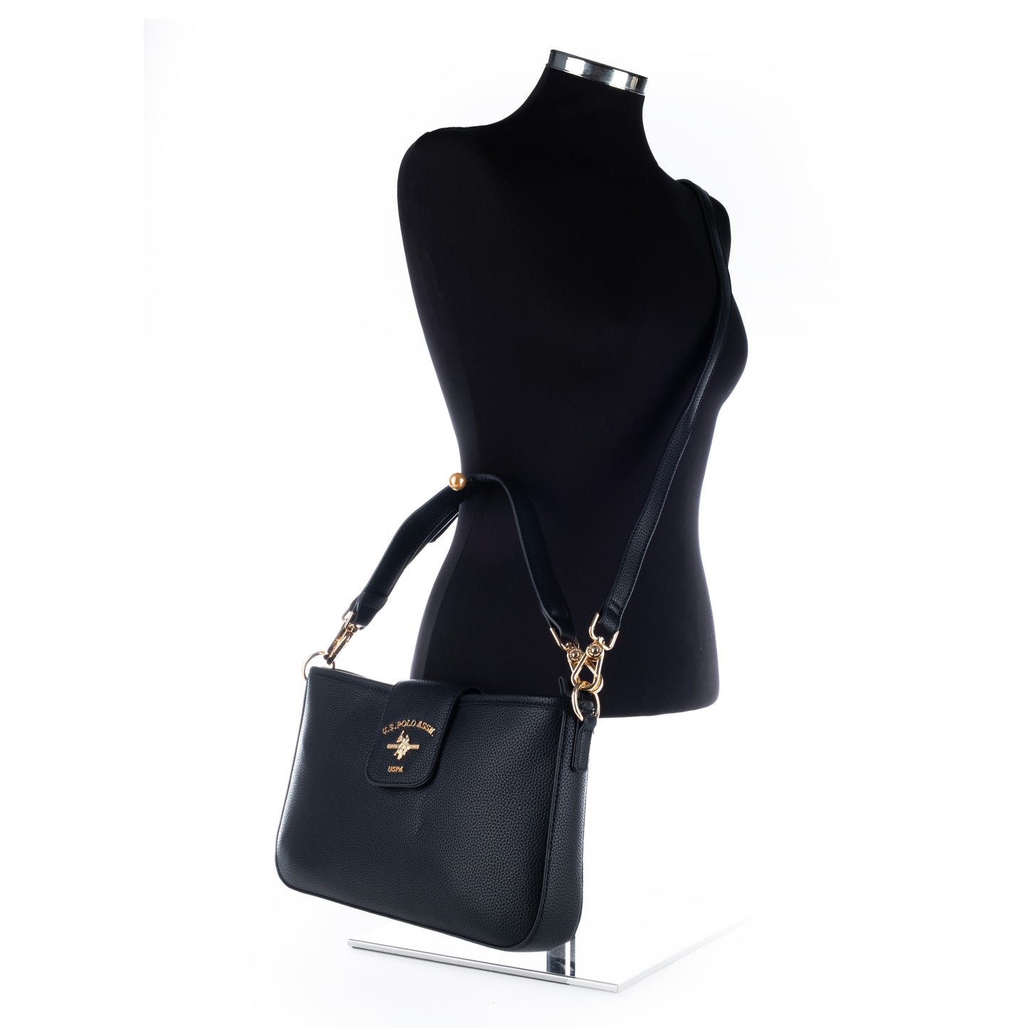 Bolsa de Ombro US Polo Preta Elegante com Detalhes Dourados