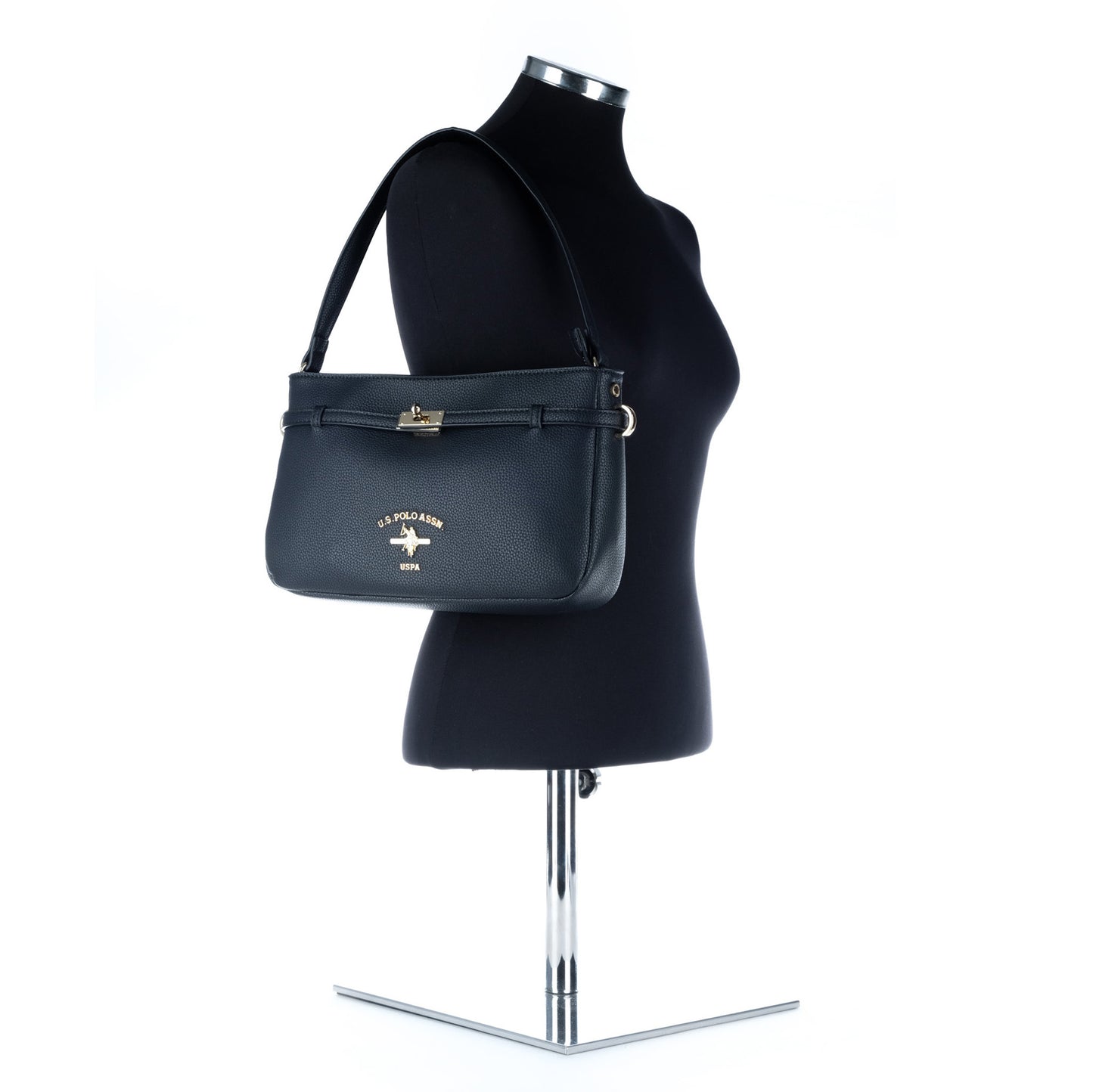 Bolsa de Ombro U.S. Polo Assn. Preta com Logótipo Dourado e Fecho Metálico