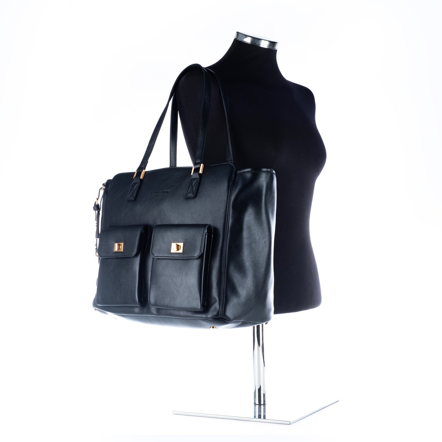 Bolsa Satchel Us Polo Preta com Detalhes Dourados
