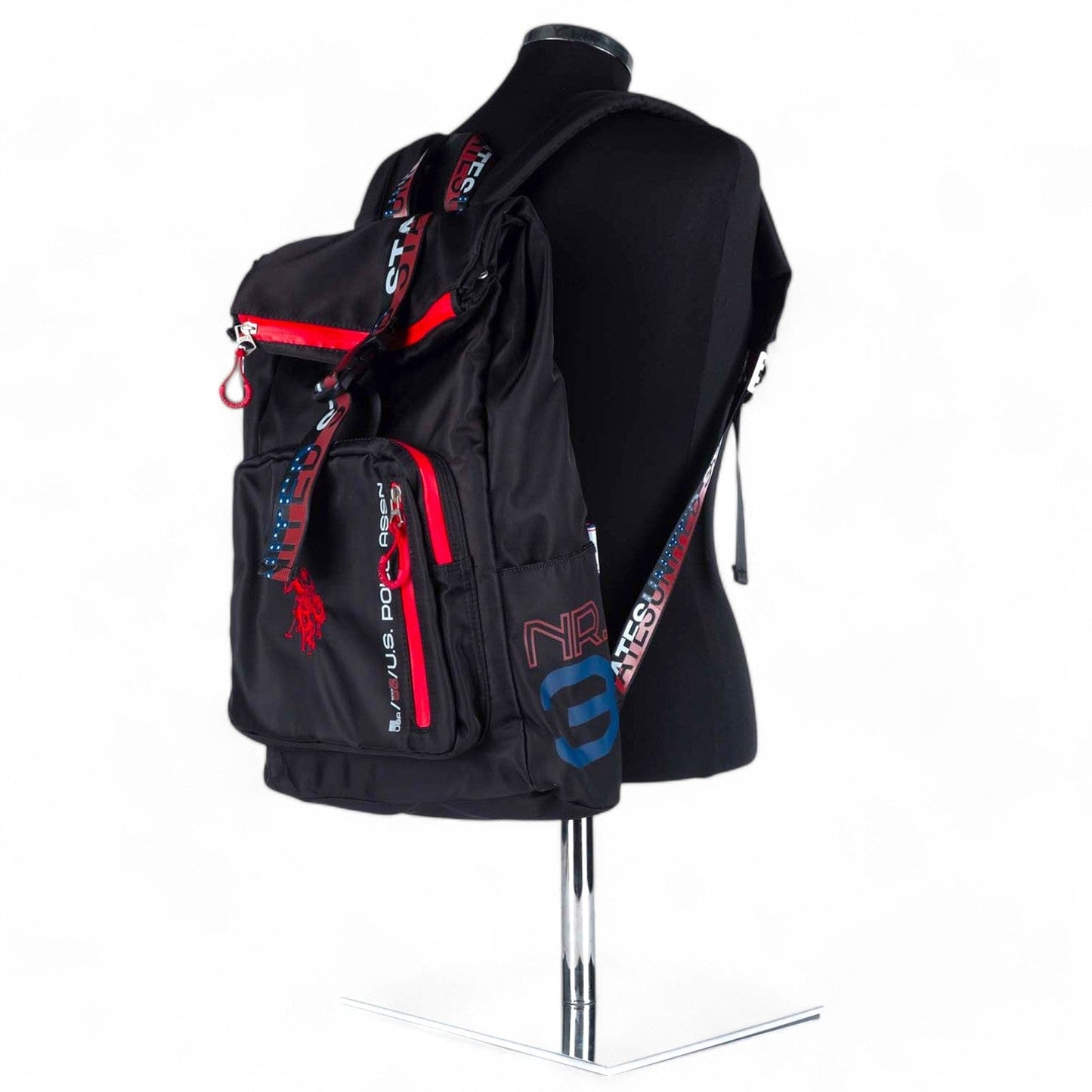 Mochila Unisexo US Polo Preta com Detalhes Vermelhos e Azuis