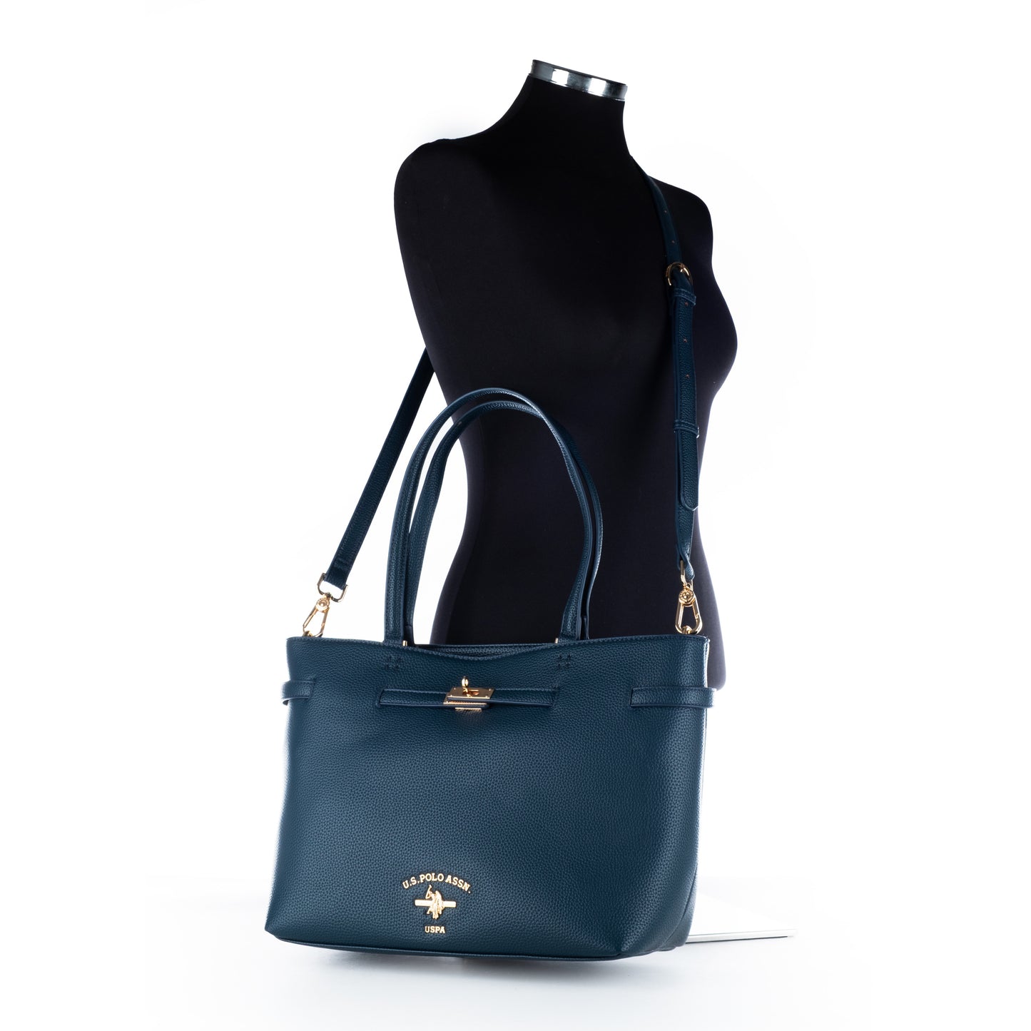 Bolsa Tote U.S. Polo Assn. Azul Escuro com Logótipo Dourado e Alça Removível