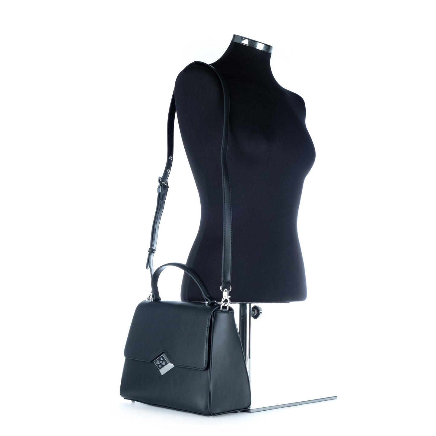 Bolsa Satchel Replay Preta com Aba Estruturada e Logótipo Metálico