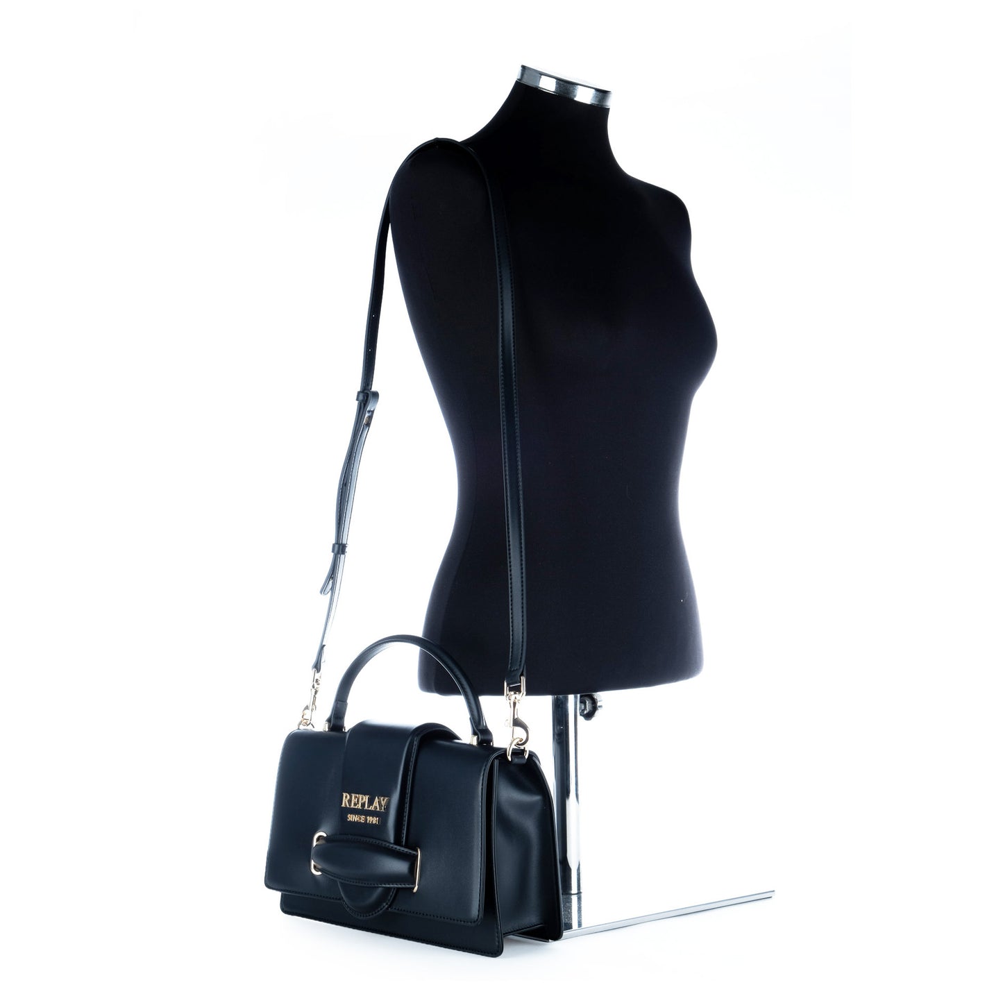 Bolsa Satchel Replay Preta com Alça de Mão e Logótipo Metálico
