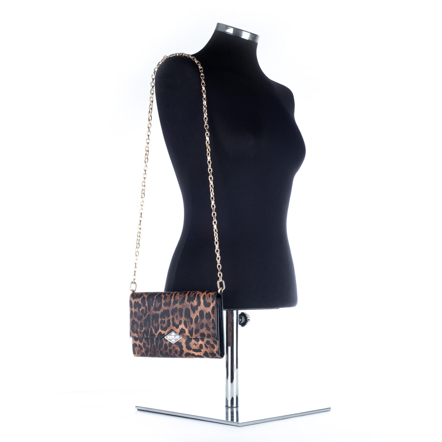 Bolsa Clutch Replay Castanha com Padrão Animal Print e Corrente Dourada