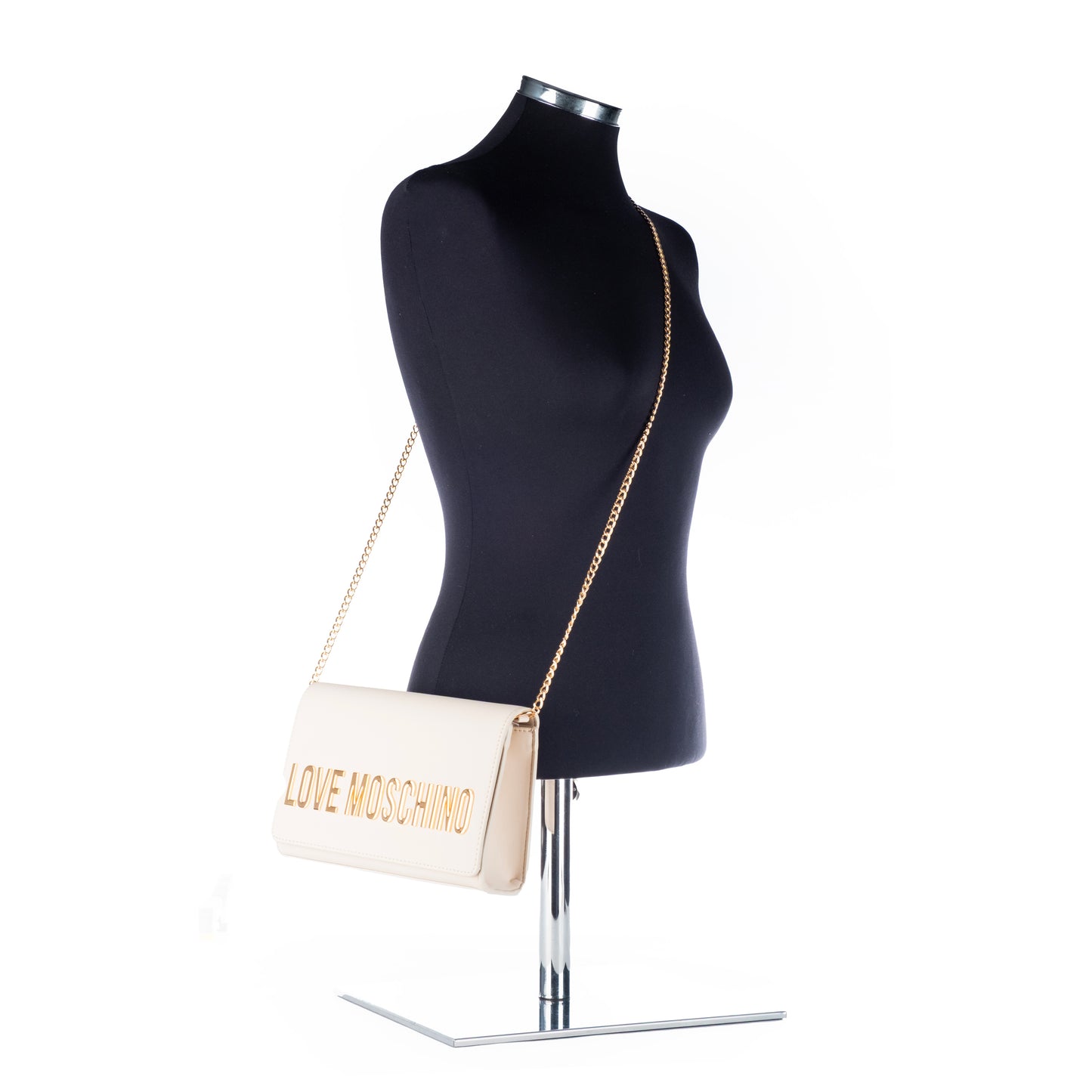 Bolsa Tiracolo Love Moschino Bege com Logo Dourado e Alça Corrente