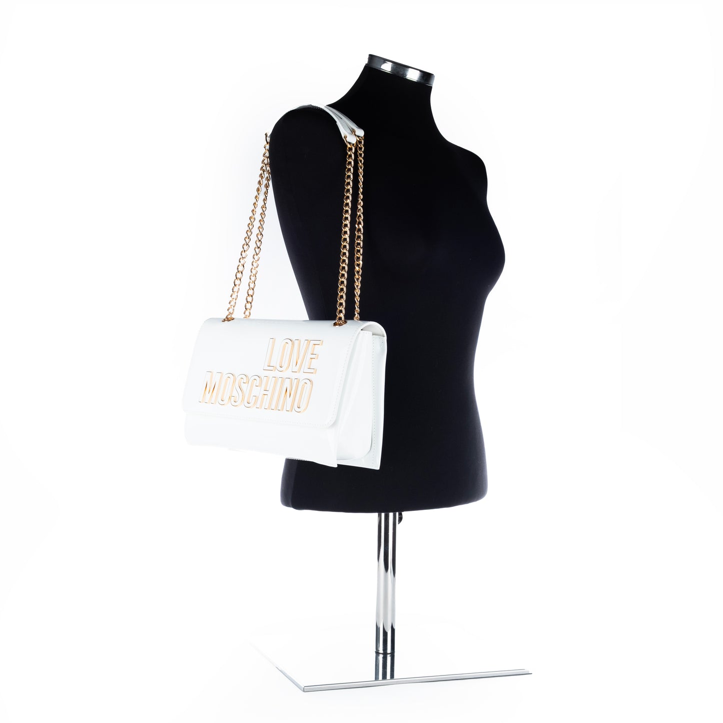 Bolsa Tiracolo Love Moschino Branca com Logo Dourado e Acabamento Brilhante