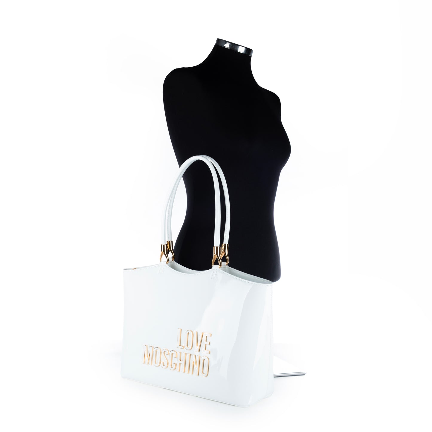 Bolsa Tote Love Moschino Branca com Logo Dourado e Alça de Ombro