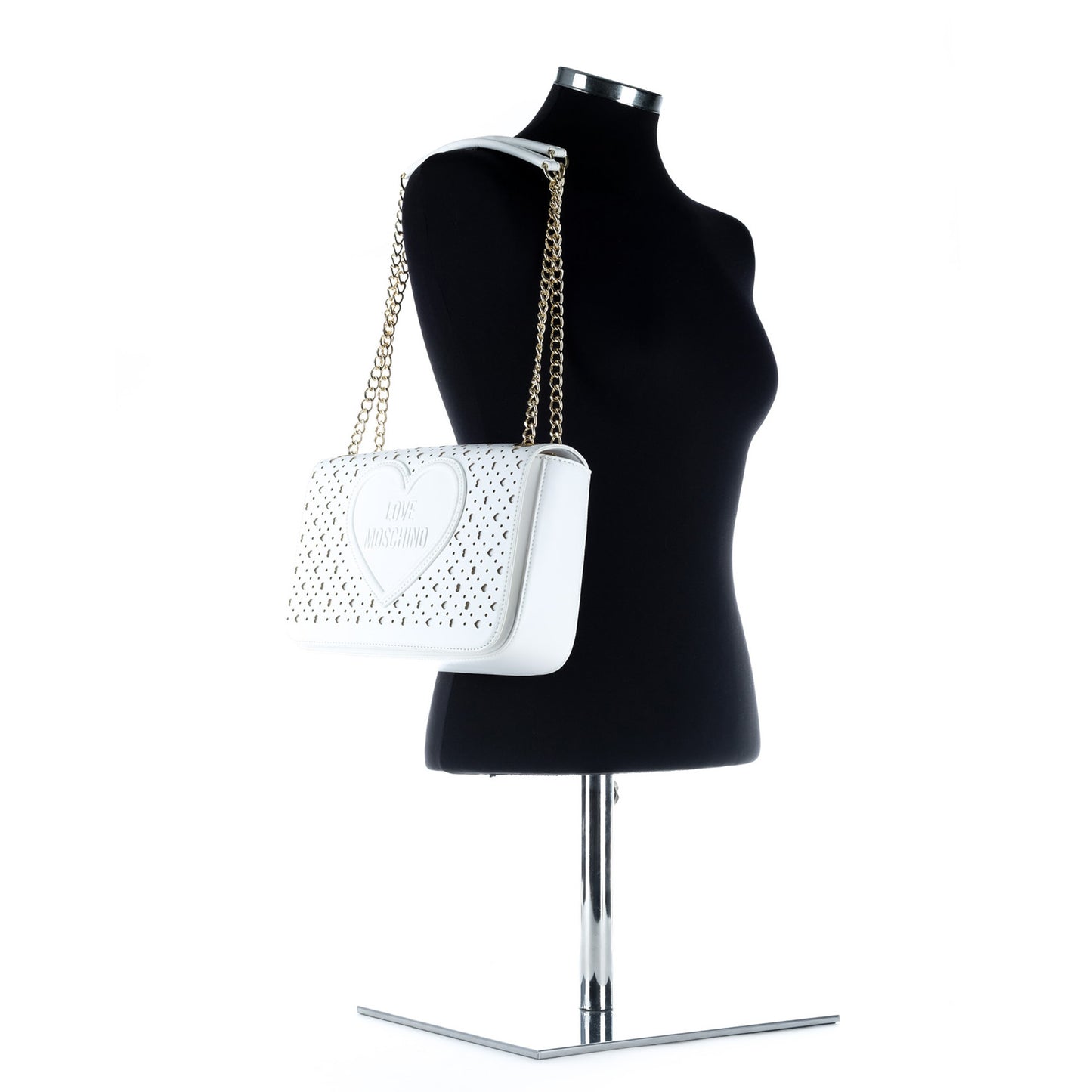 Bolsa Tiracolo Love Moschino Branca com Recortes e Corrente Dourada