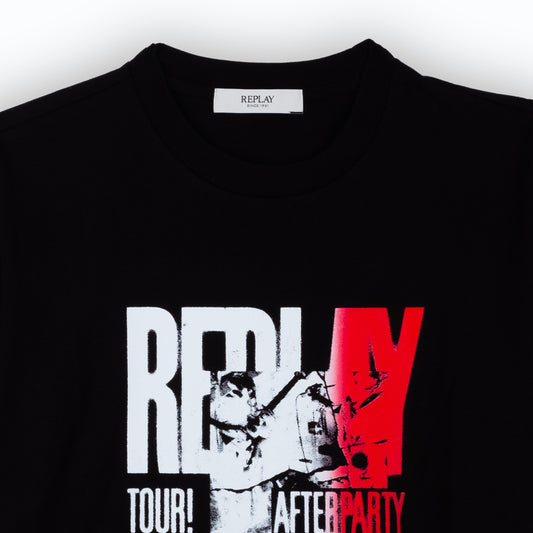 T-Shirt Homem Replay Preta com Estampa Tour