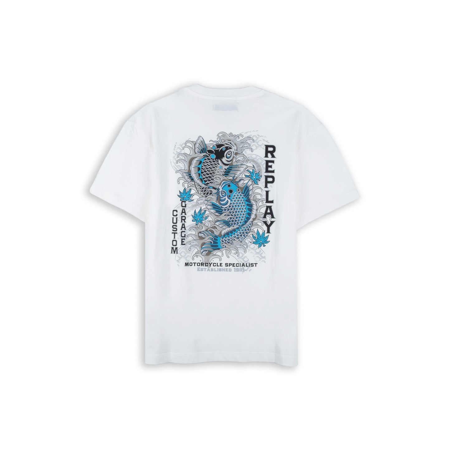 T-Shirt Homem Replay Branca com Bolso no Peito e Estampado Posterior Koi