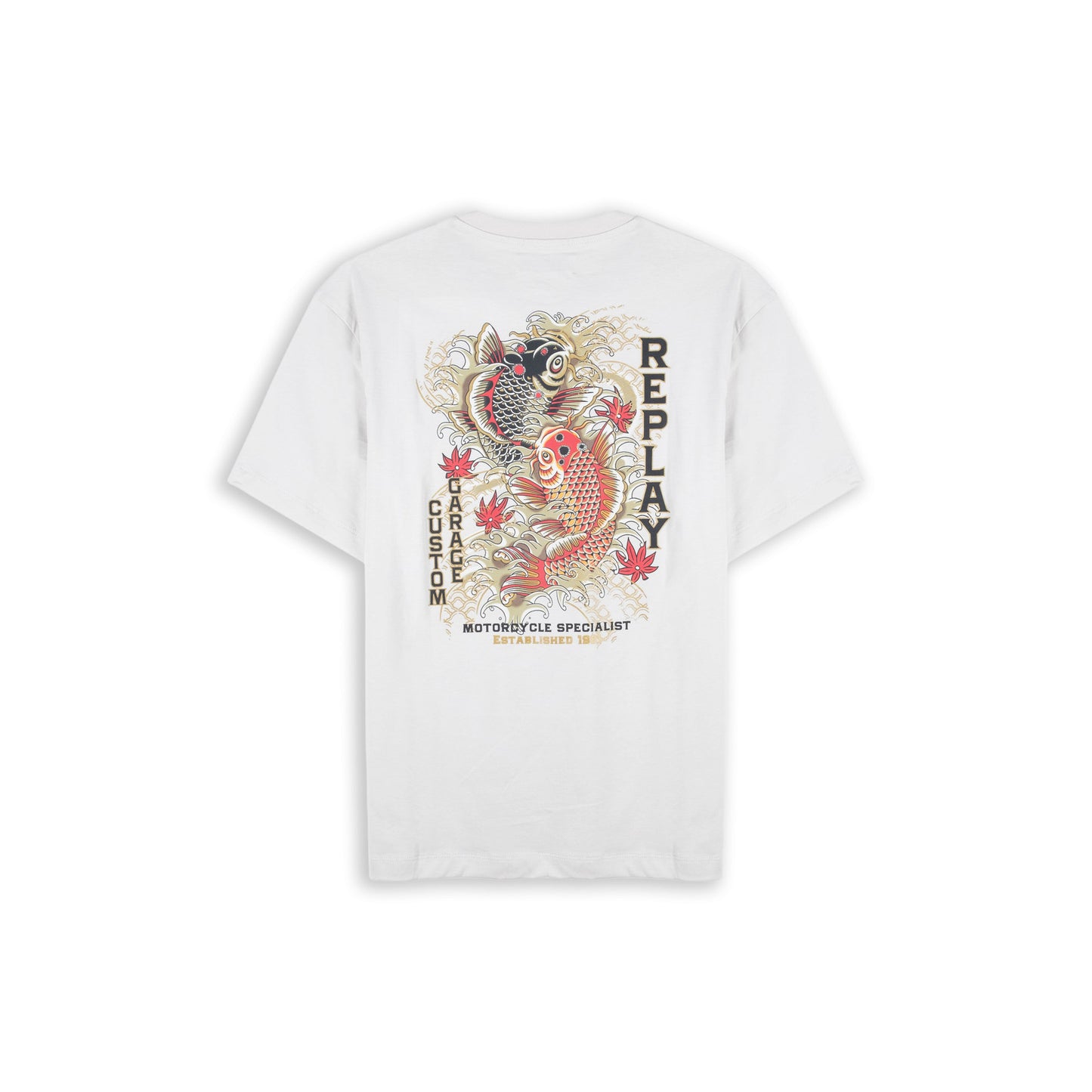 T-Shirt Homem Replay Branca com Bolso no Peito e Estampado Posterior Koi Vermelho