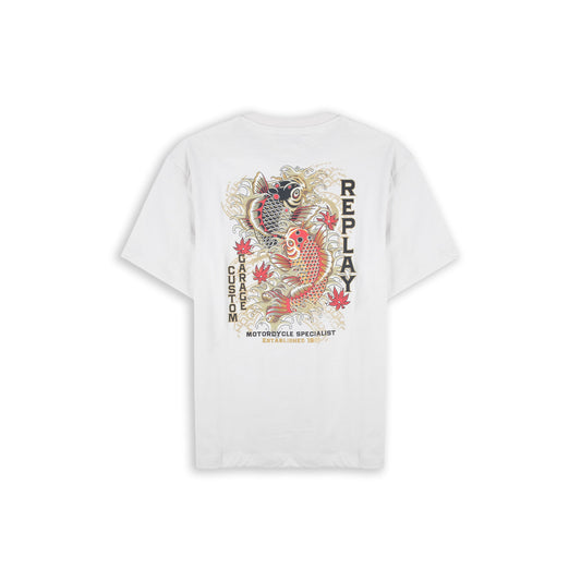 T-Shirt Homem Replay Branca com Bolso no Peito e Estampado Posterior Koi Vermelho