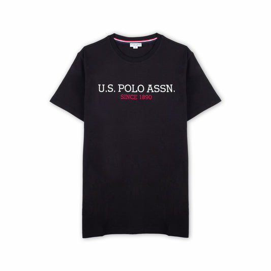 T-shirt Homem US Polo Preto com Logo Frontal e Texto Gráfico