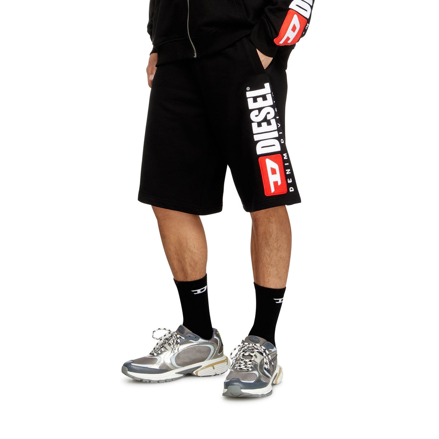 Calções de Treino Homem Diesel Pretos com Logo Vertical e Cintura Elástica