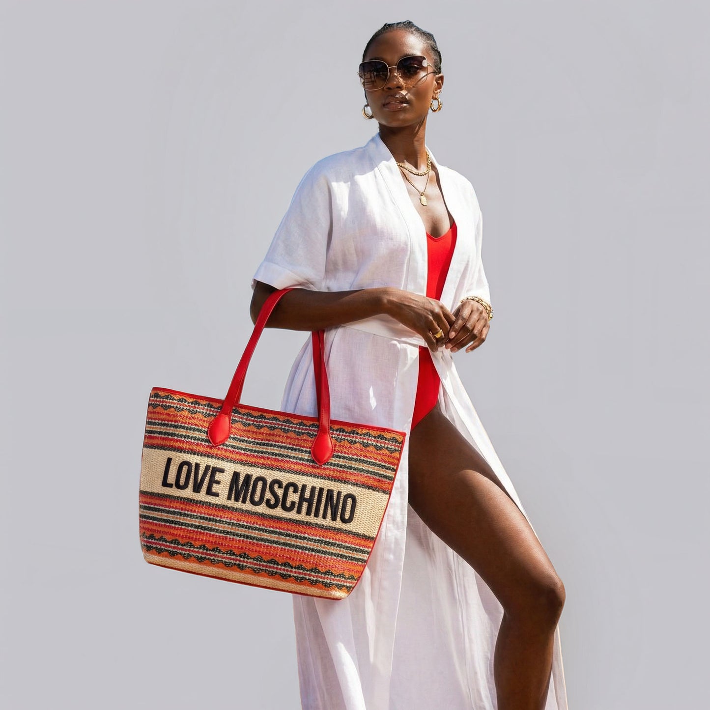 Bolsa Tote Love Moschino Multicolor com Padrão Étnico e Logo Frontal