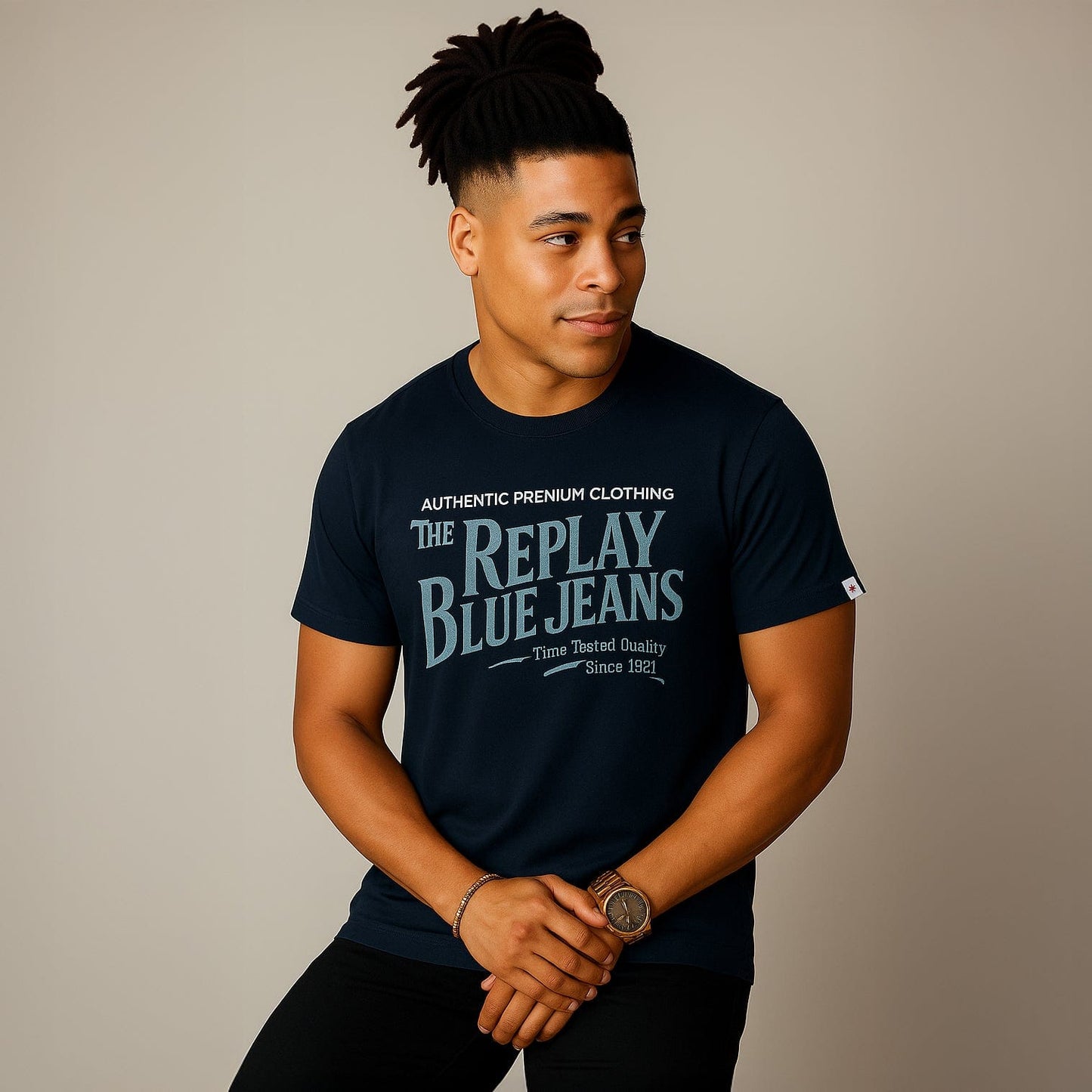 T-Shirt Homem Replay Azul Escura com Estampa