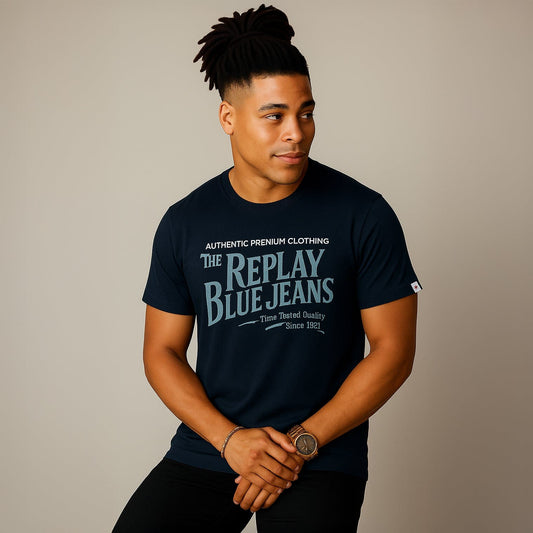 T-Shirt Homem Replay Azul Escura com Estampa